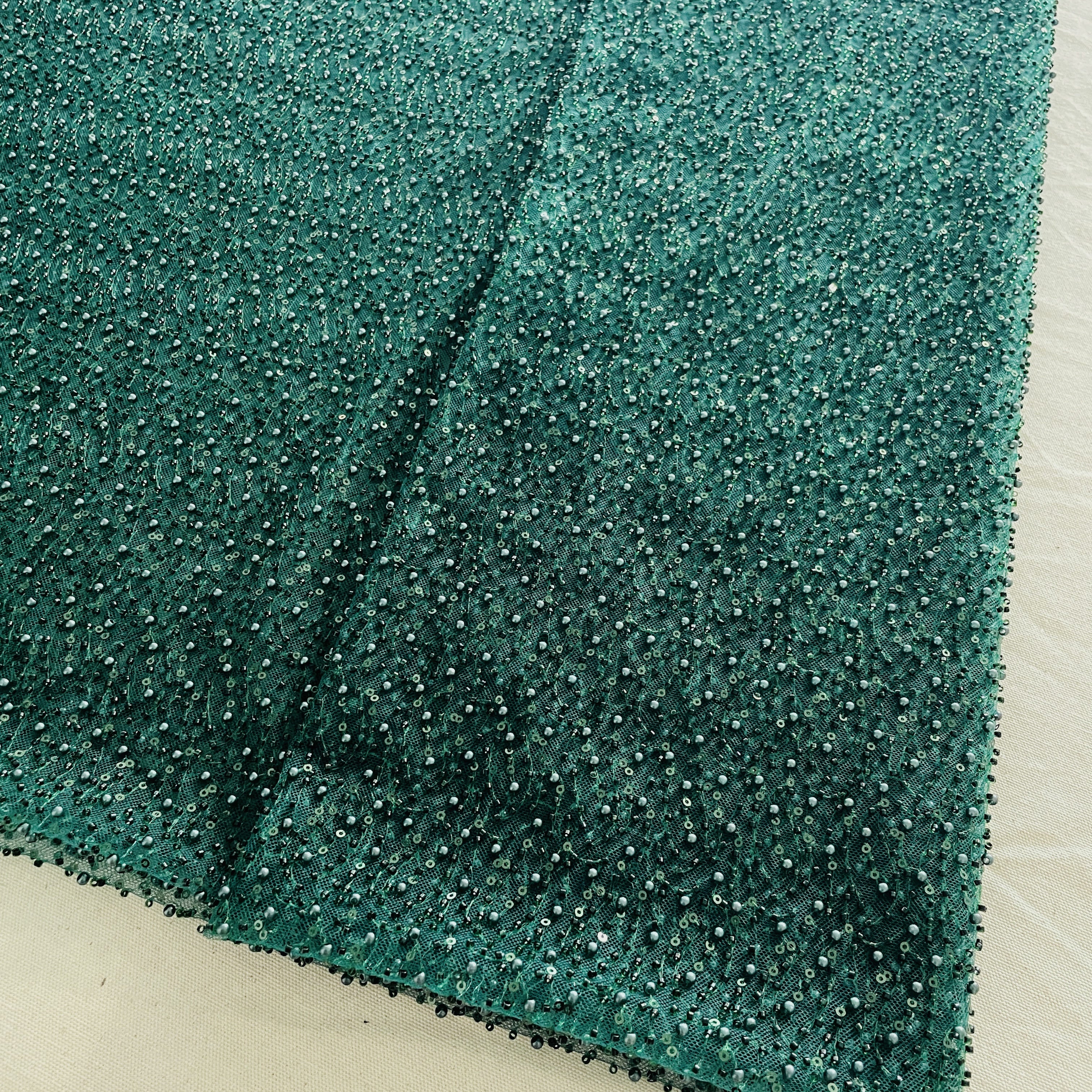 Premium Green Heavy Pearl CutDana Embroidery Power Net Fabric - TradeUNO