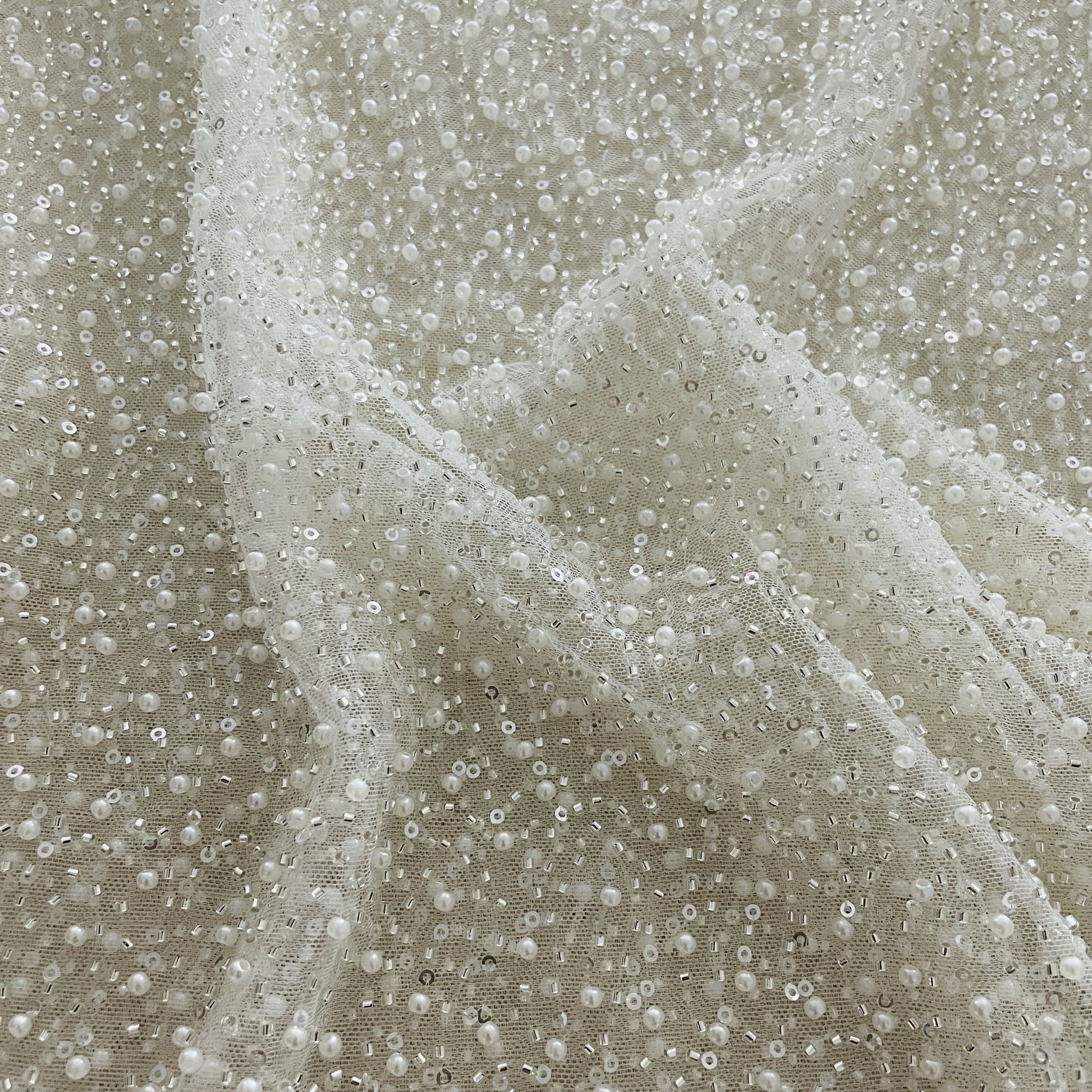 Premium White Pearl CutDana Embroidery Power Net Fabric