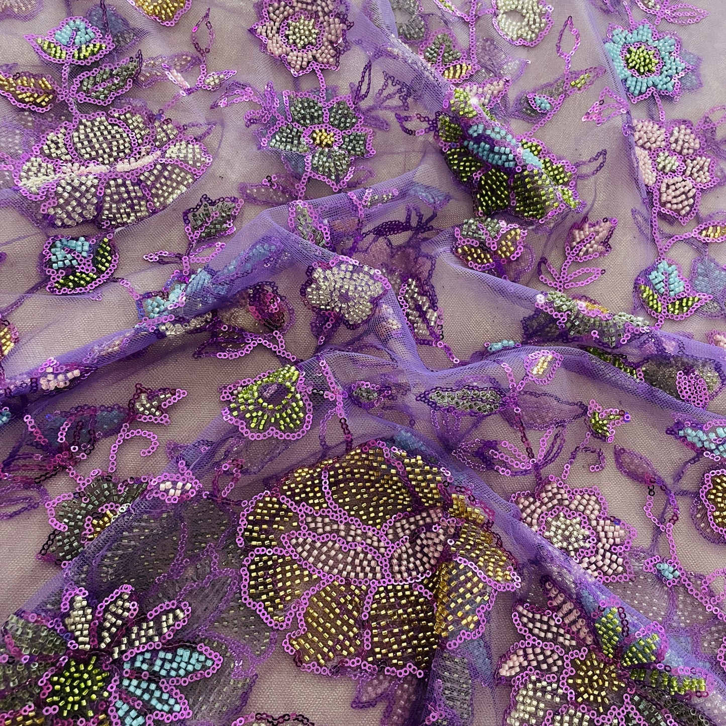 Premium Purple Floral CutDana Sequins Embroidery Net Fabric