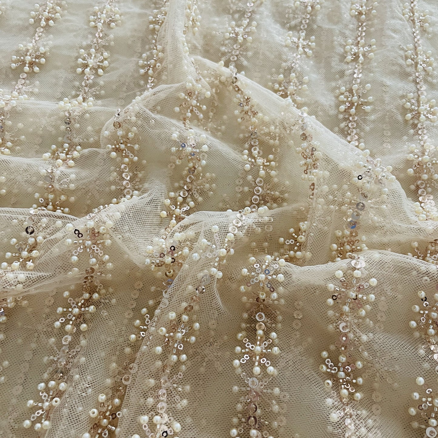 Premium Cream Pearl CutDana Embroidery Net Fabric