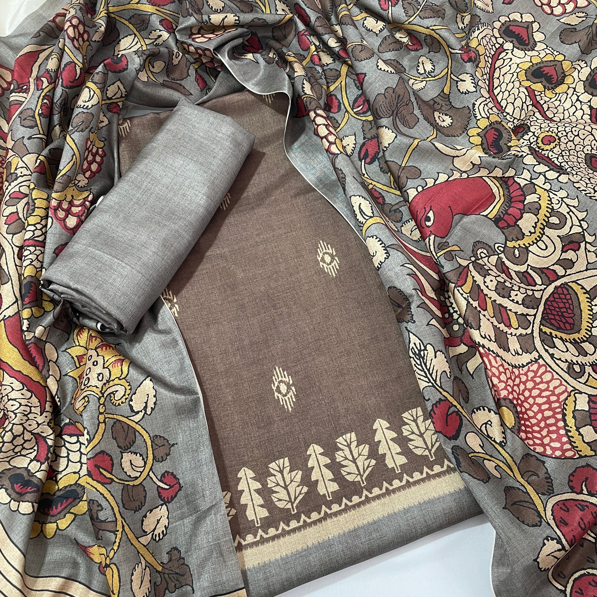 Grey & Multicolor Floral Print Ghicha Silk Suit Set KC-9715 - TradeUNO