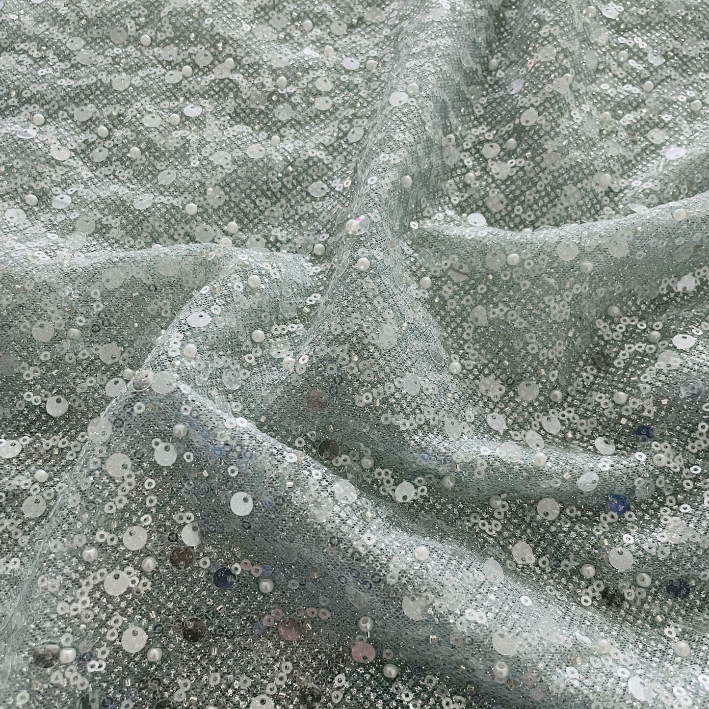 Premium Sky Blue Sequins Embroidery Bonded Glitter Net Fabric
