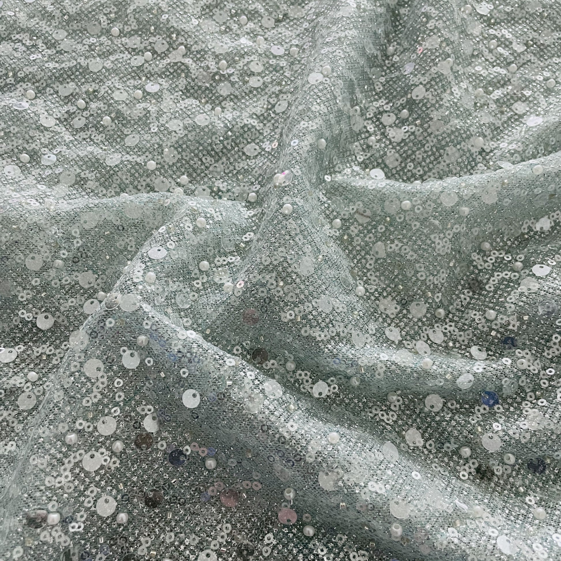 Premium Sky Blue Sequins Embroidery Bonded Glitter Net Fabric