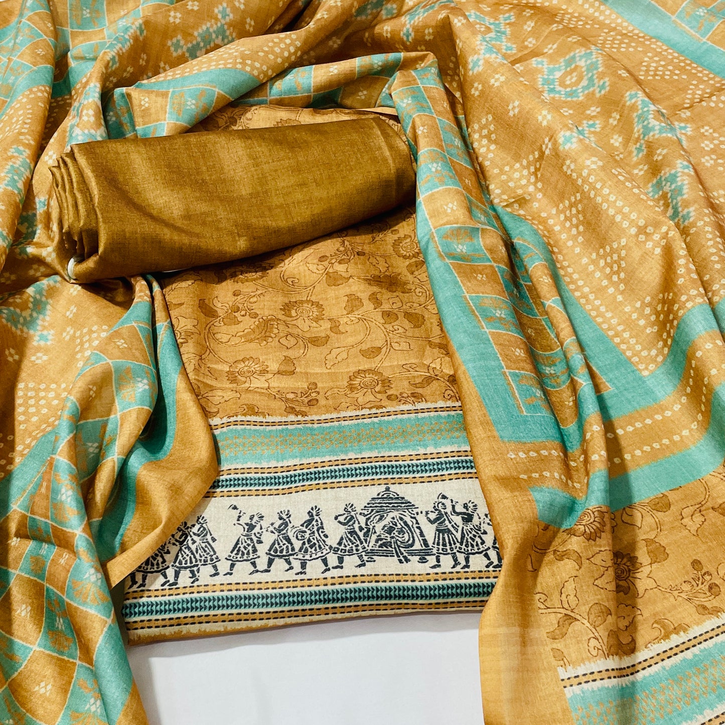 Brown Floral Ghicha Silk Suit Set With Dupatta - TradeUNO