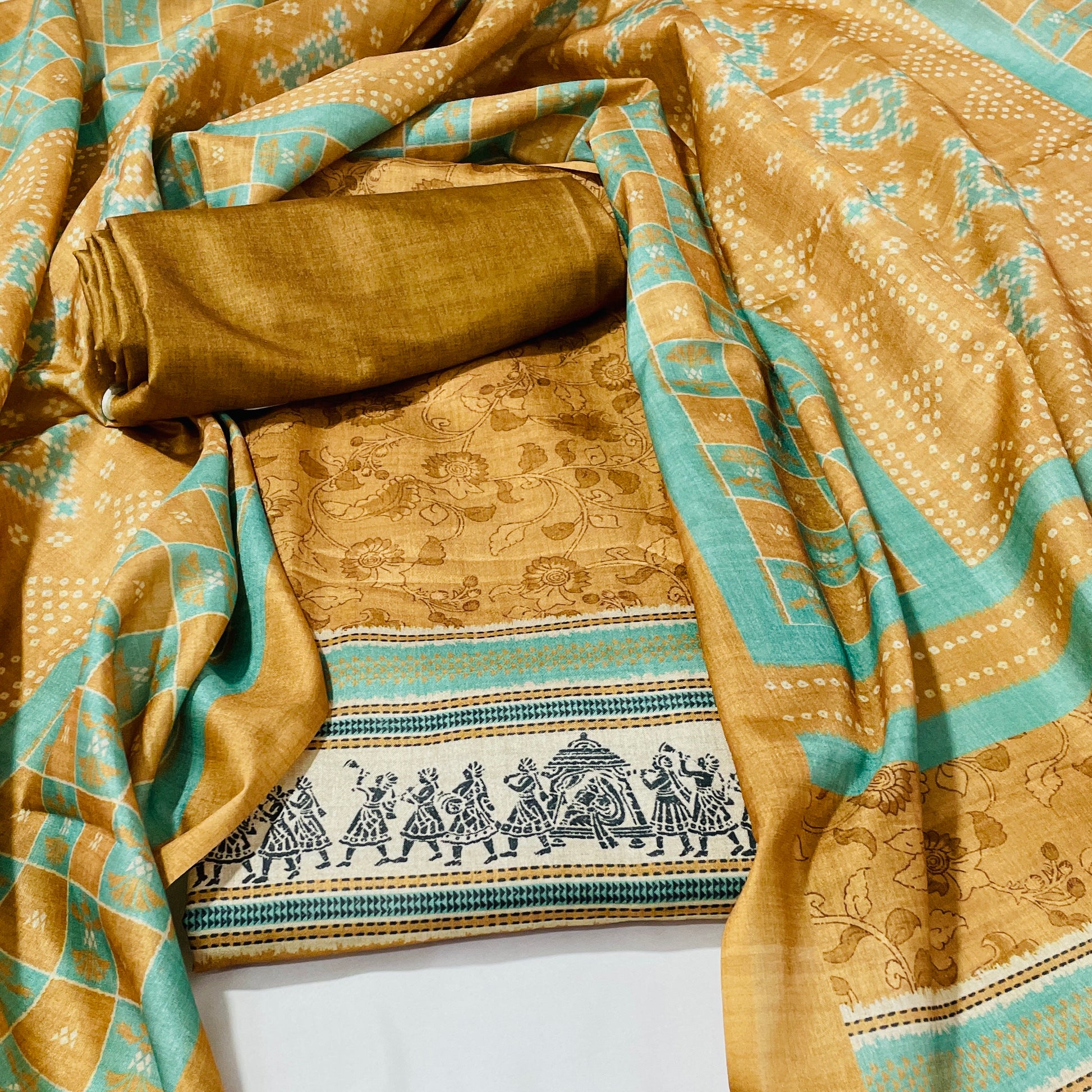 Brown Floral Ghicha Silk Suit Set With Dupatta - TradeUNO