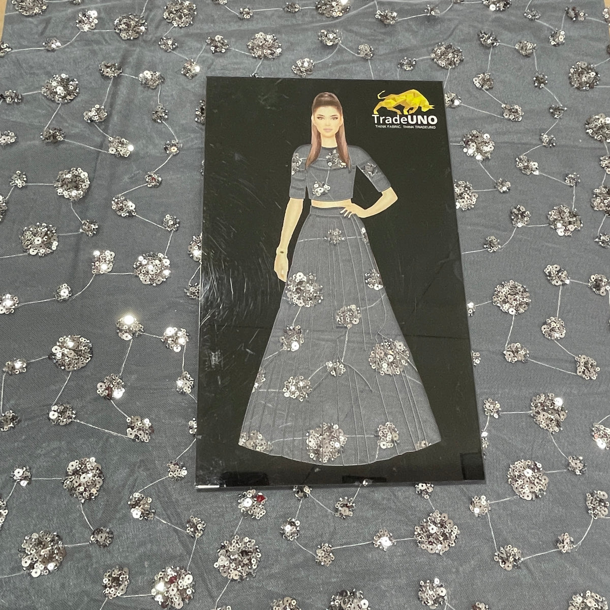 Grey Floral Sequence Embroidery Net Imported Fabric - TradeUNO
