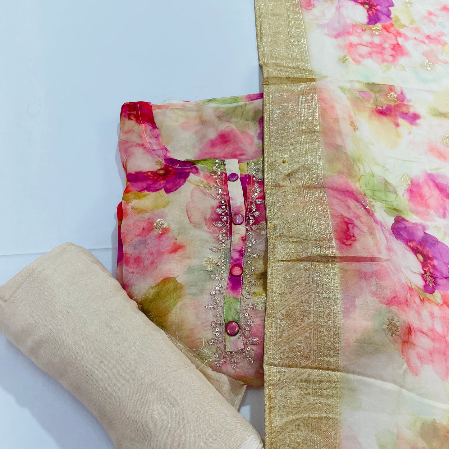 Multicolor Floral Foil Suit Set With Dupatta - TradeUNO