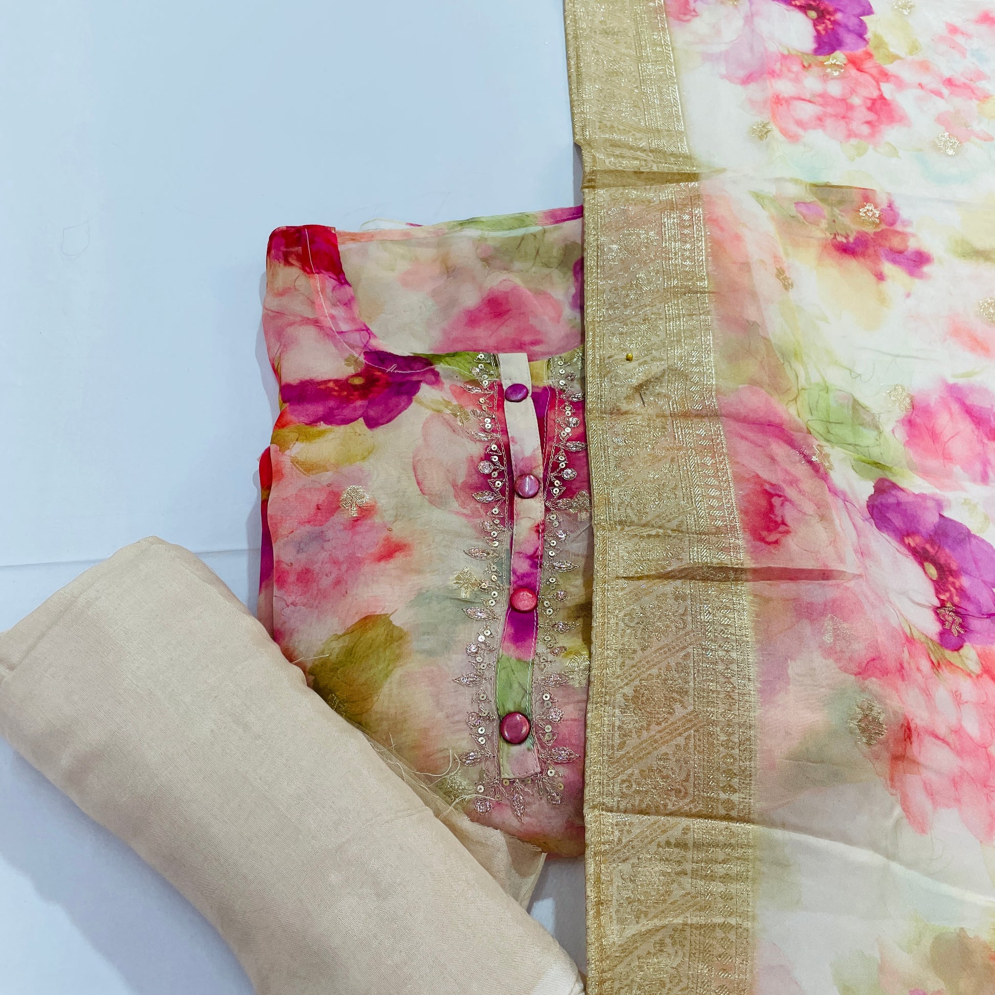 Multicolor Floral Foil Suit Set With Dupatta - TradeUNO