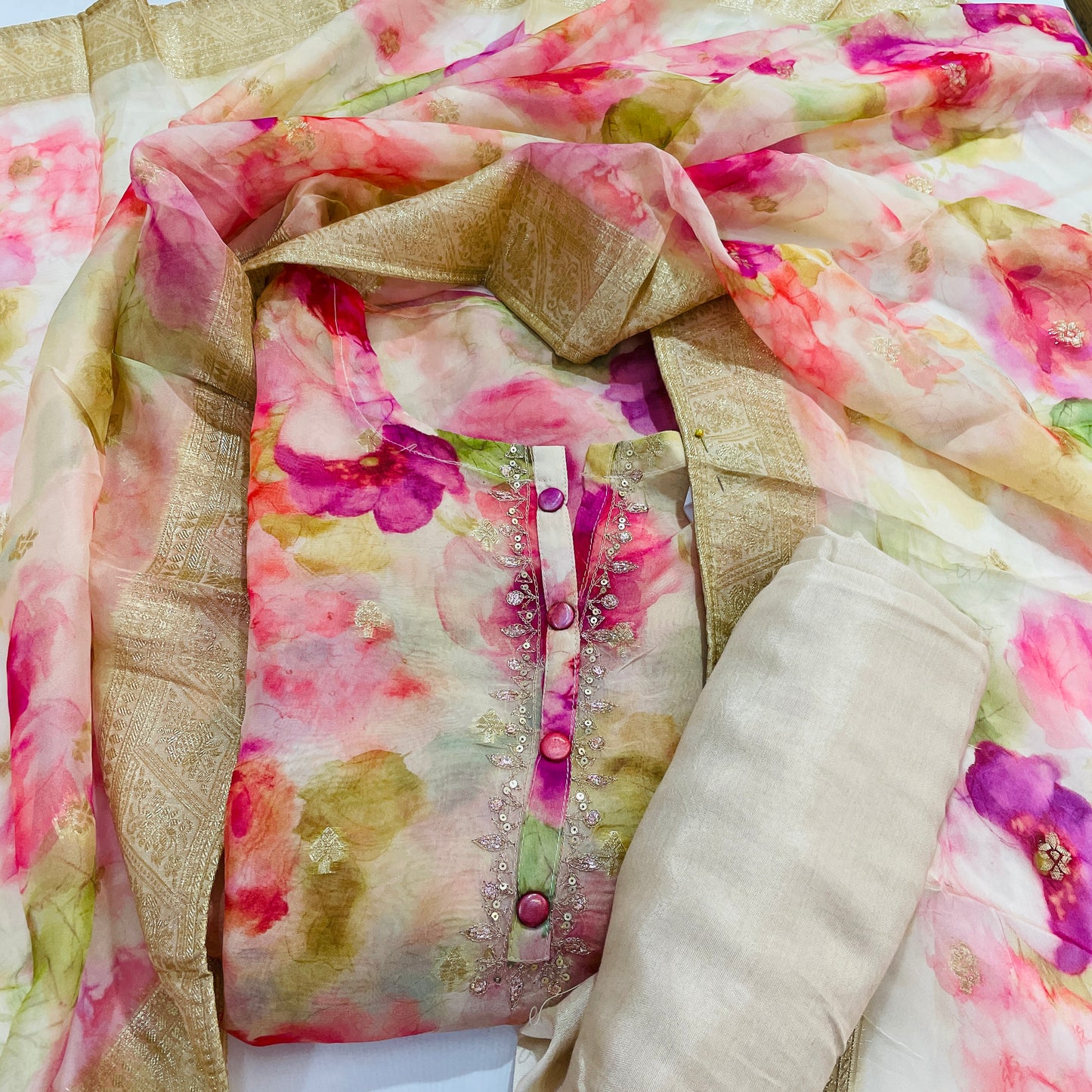 Multicolor Floral Foil Suit Set With Dupatta - TradeUNO