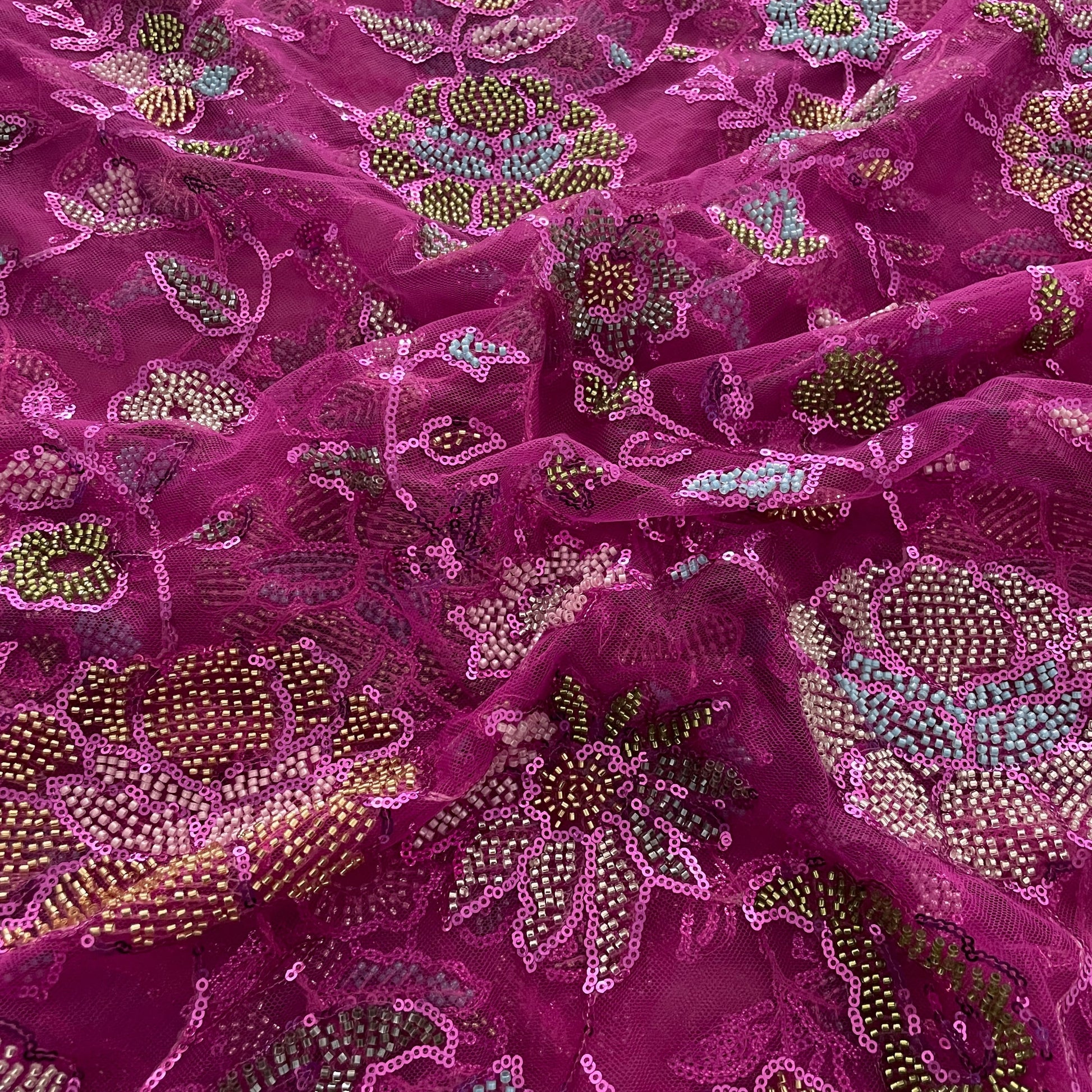 Premium Pink Floral CutDana Sequins Embroidery Net Fabric