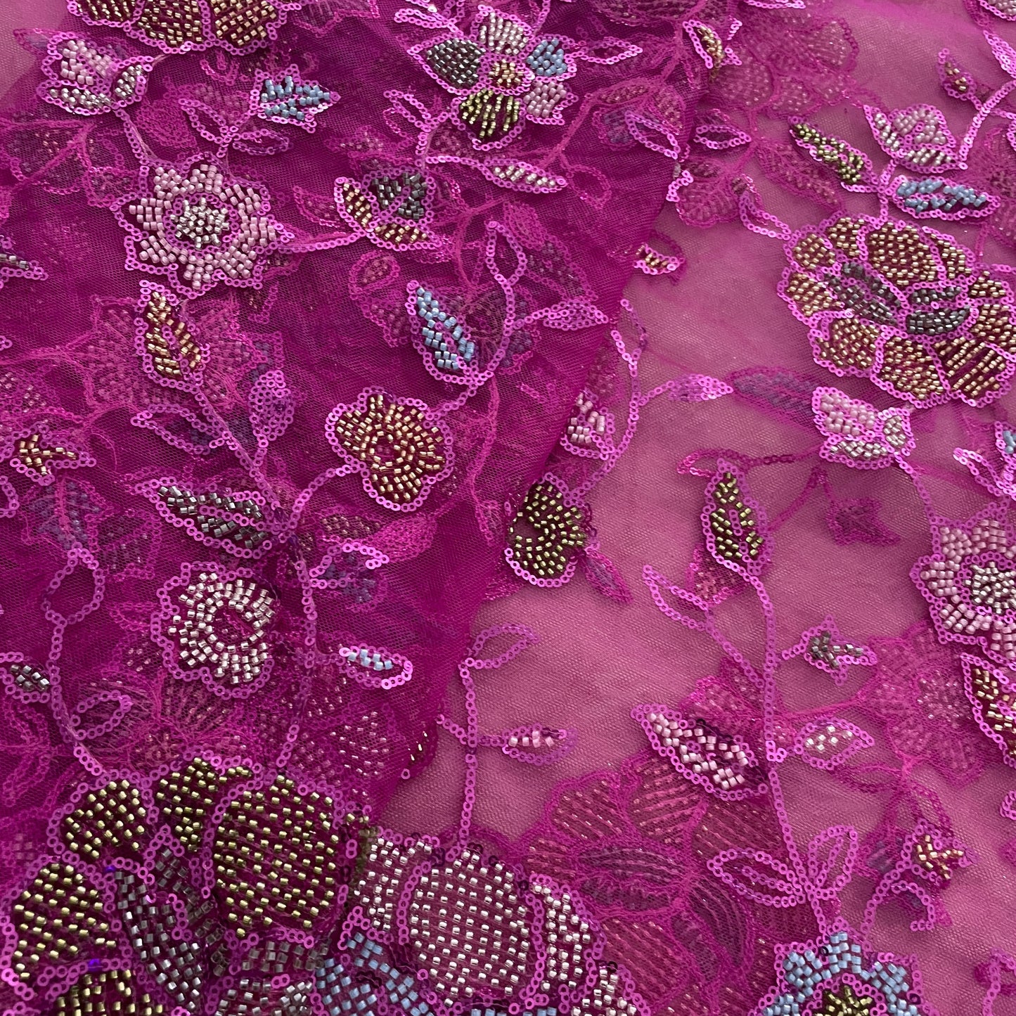 Premium Pink Floral CutDana Sequins Embroidery Net Fabric