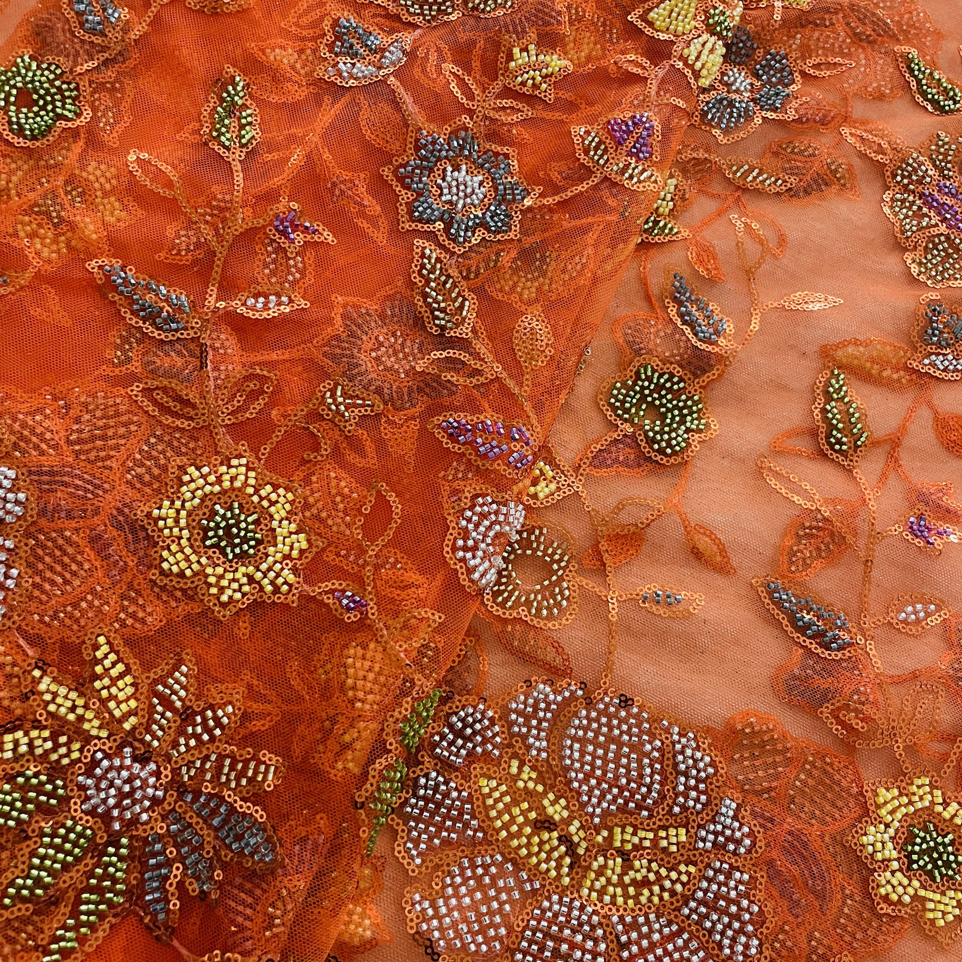 Premium Orange Floral CutDana Sequins Embroidery Net Fabric
