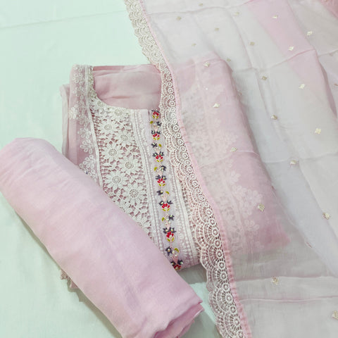 Pink Floral Beads Sequence Thread Embroidery Suit Set With Dupatta - TradeUNO