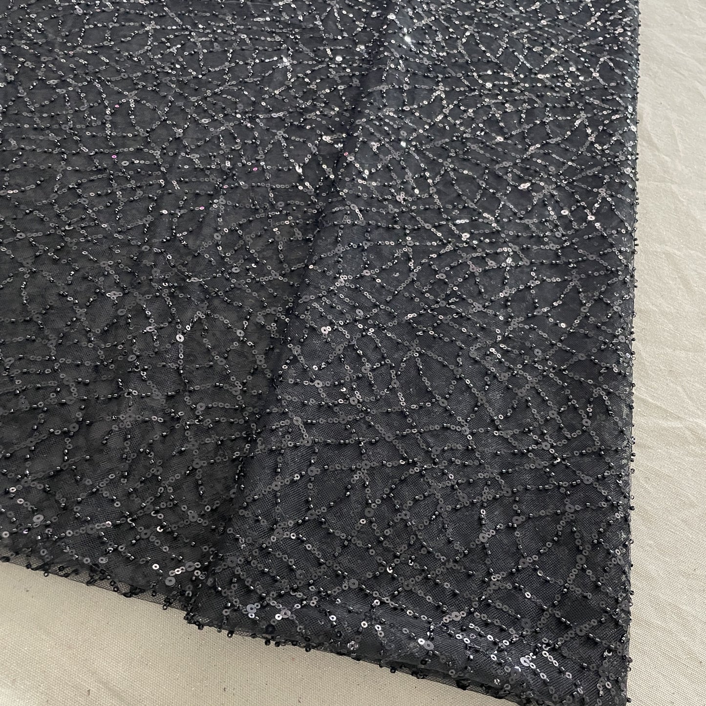Premium Black Heavy Pearl Sequins Embroidery Net Fabric