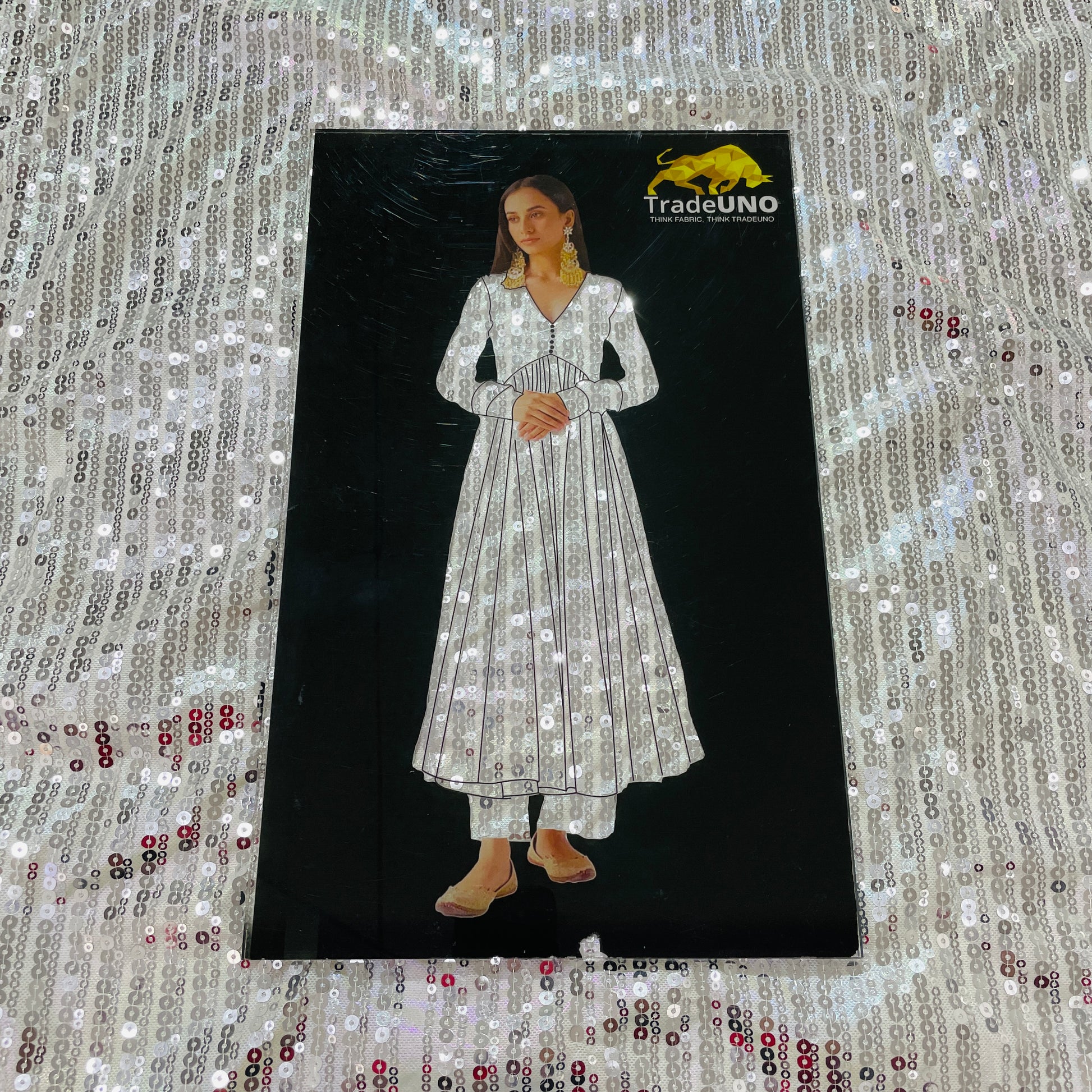 White & Silver Sequence Embroidery Net Lycra Fabric - TradeUNO