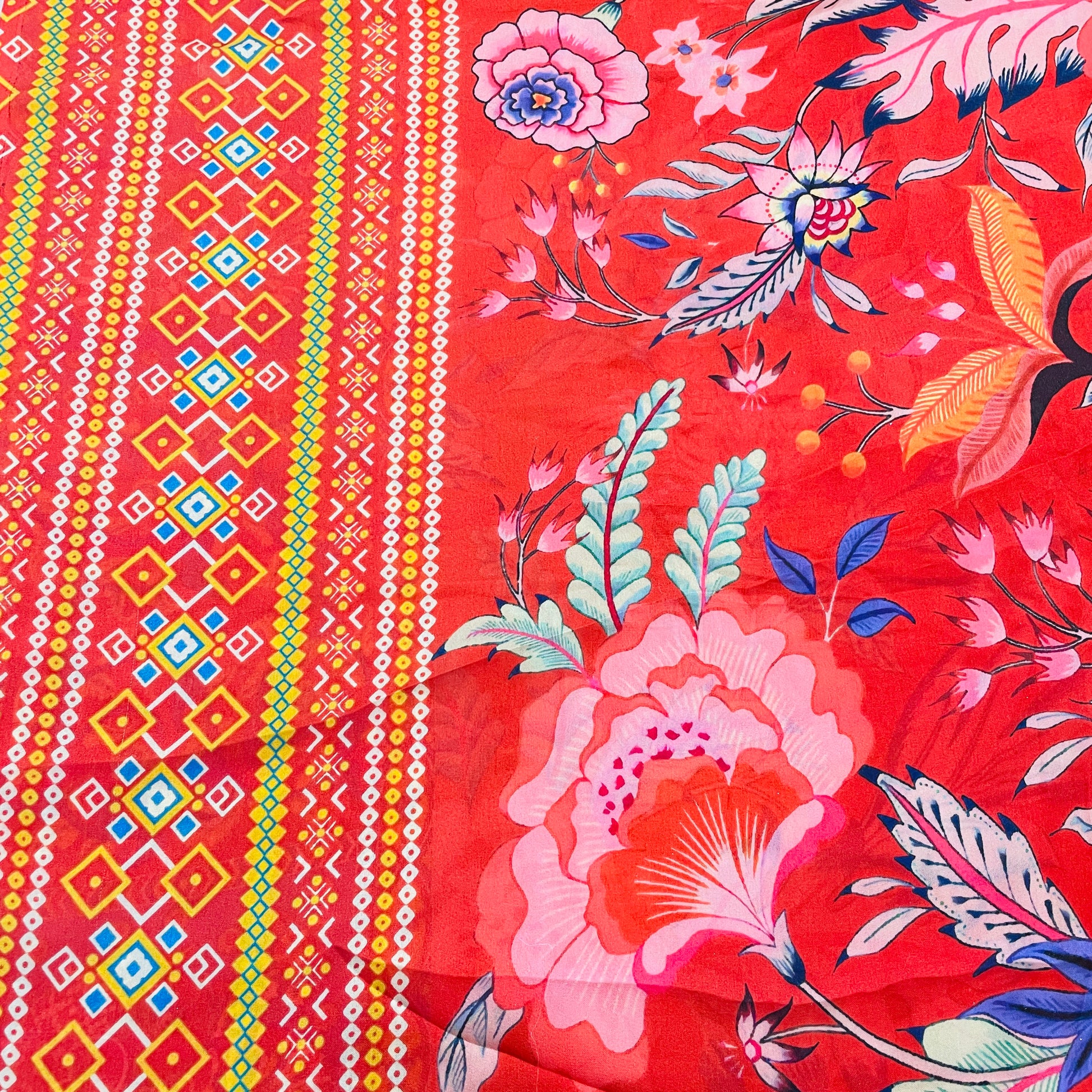 Red & Multicolor Floral Print Georgertte Satin Fabric - TradeUNO