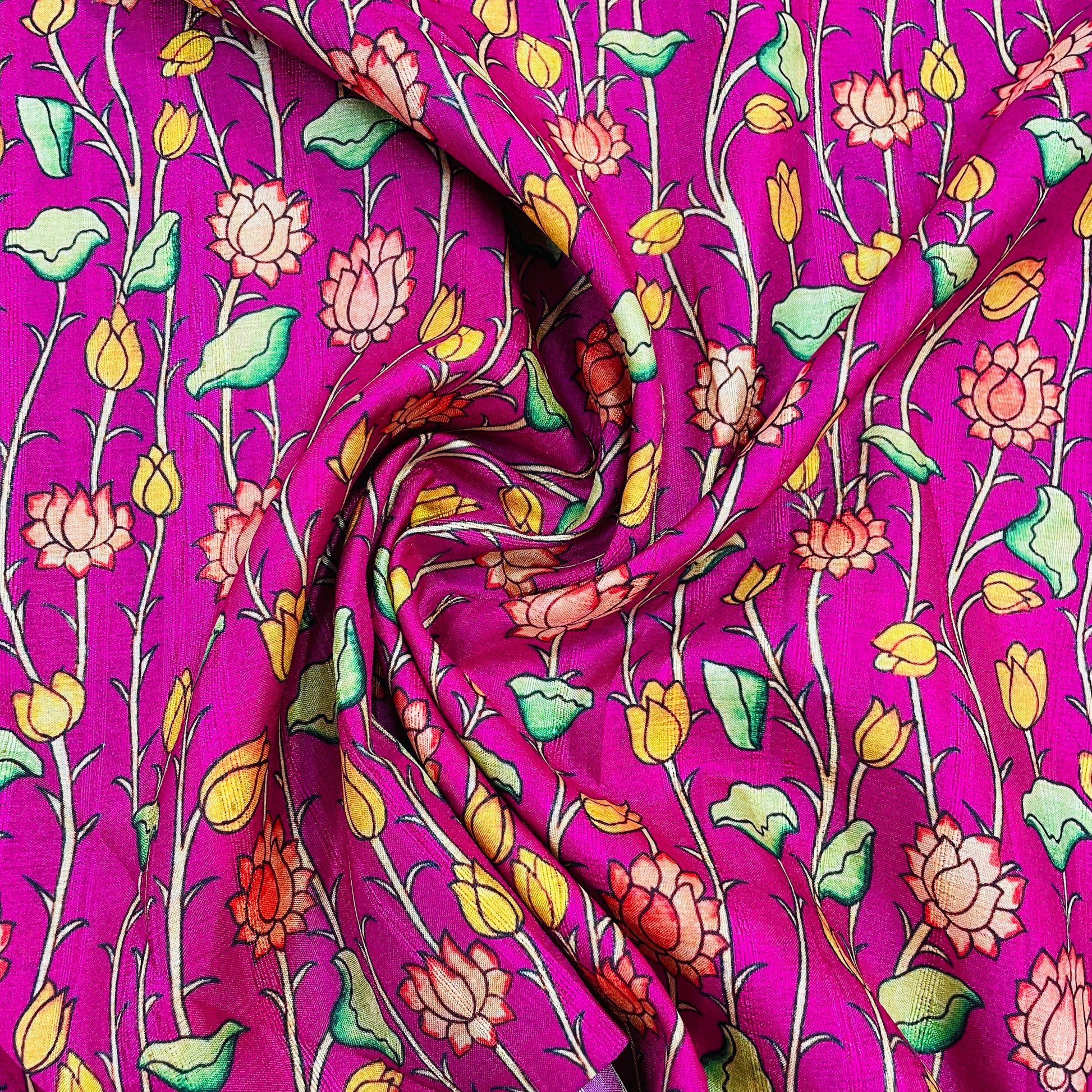 Magenta Pink & Multicolor Floral Slub Tusser Silk Fabric