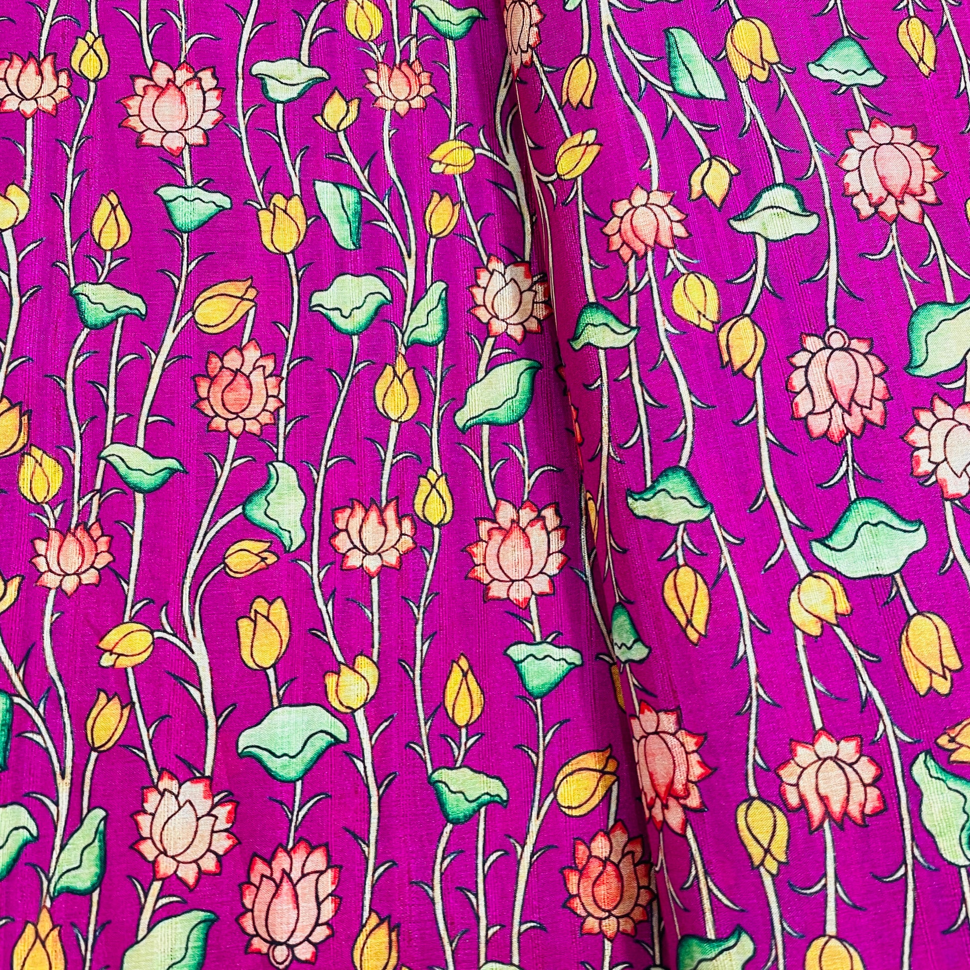 Magenta Pink & Multicolor Floral Slub Tusser Silk Fabric