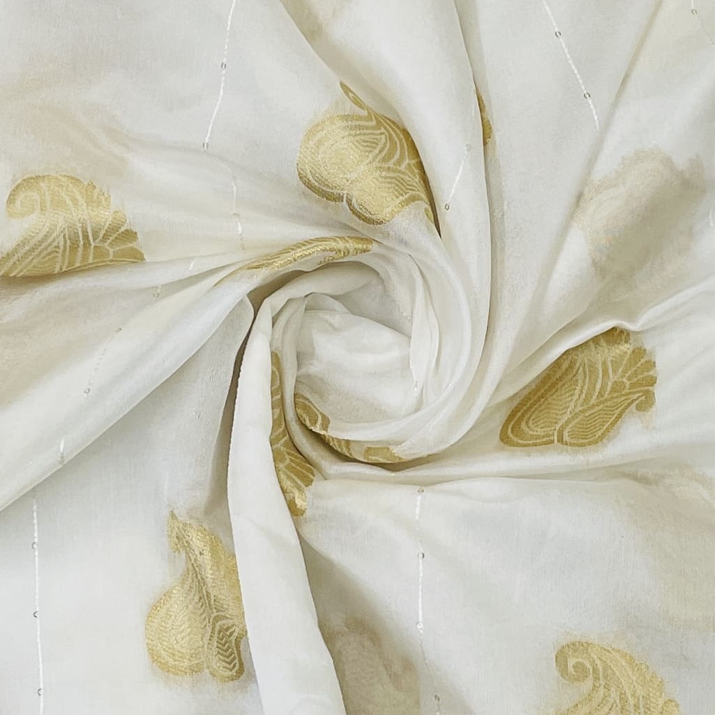 Classic White Golden Floral Chanderi Fabric   