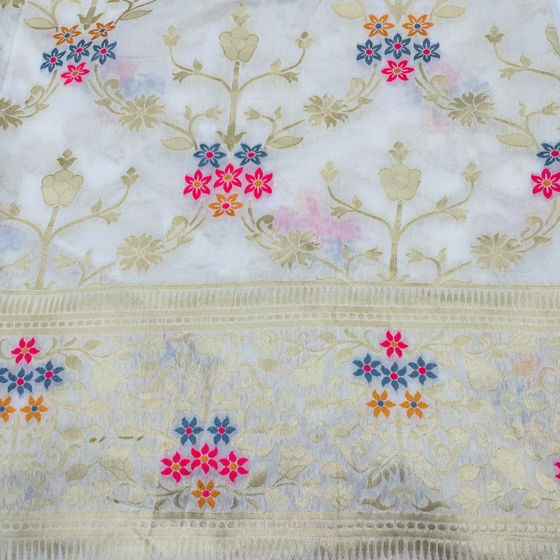 Classic White Multicolor Floral Chanderi Fabric