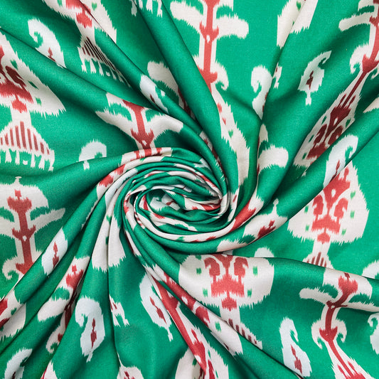 Green & Multicolor Traditional Uzbekistan Ikkat onal Print Modal Satin  Fabric