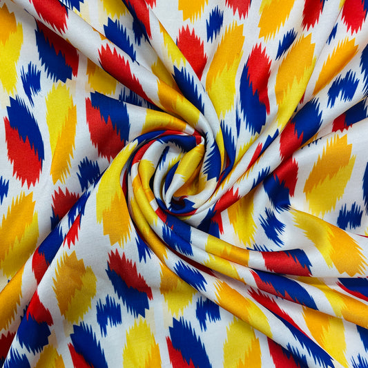 White & Multicolor Uzbekistan Ikkat Print Modal Satin Fabric