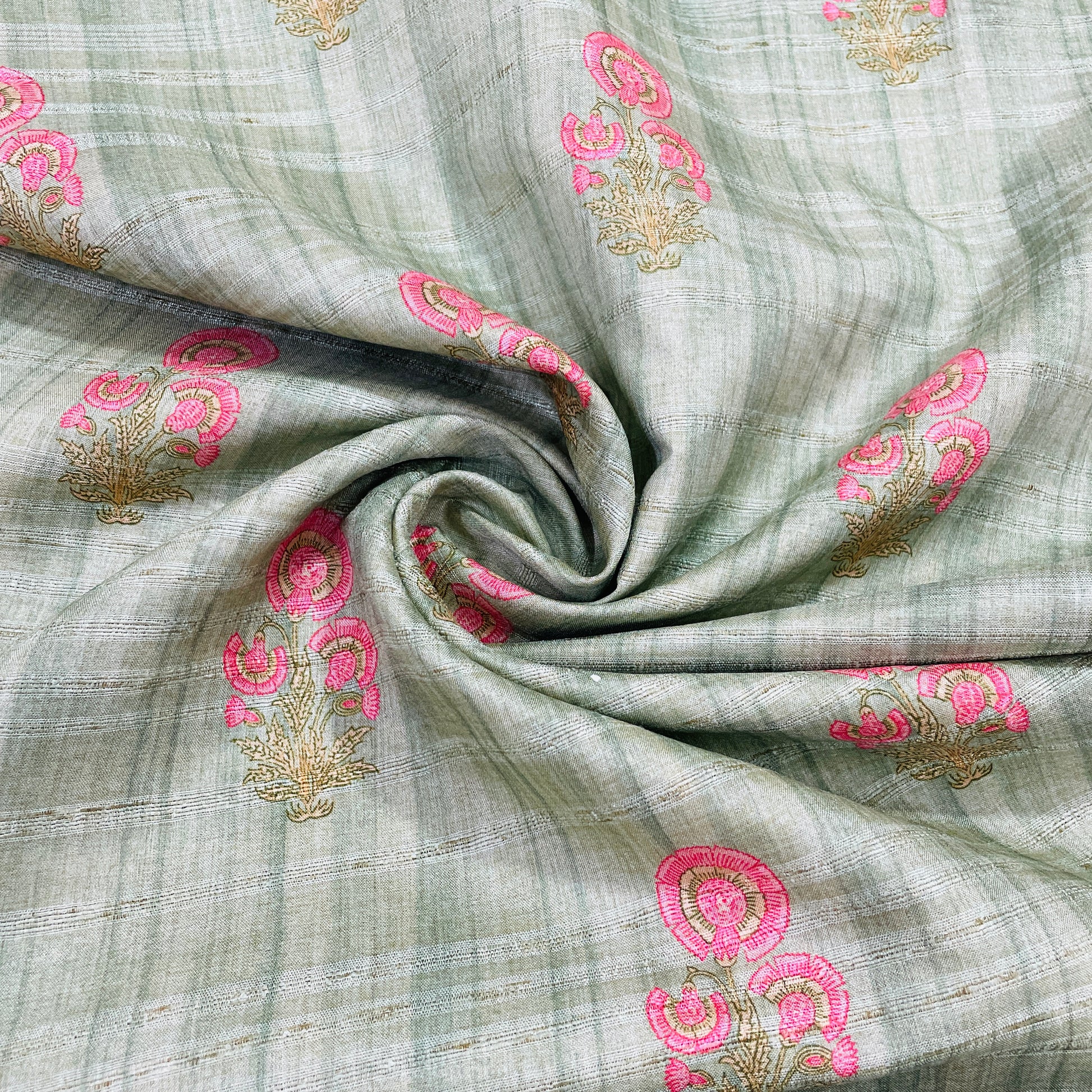 Exclusive Pastel Green Pink Floral Print Slub Tusser Silk