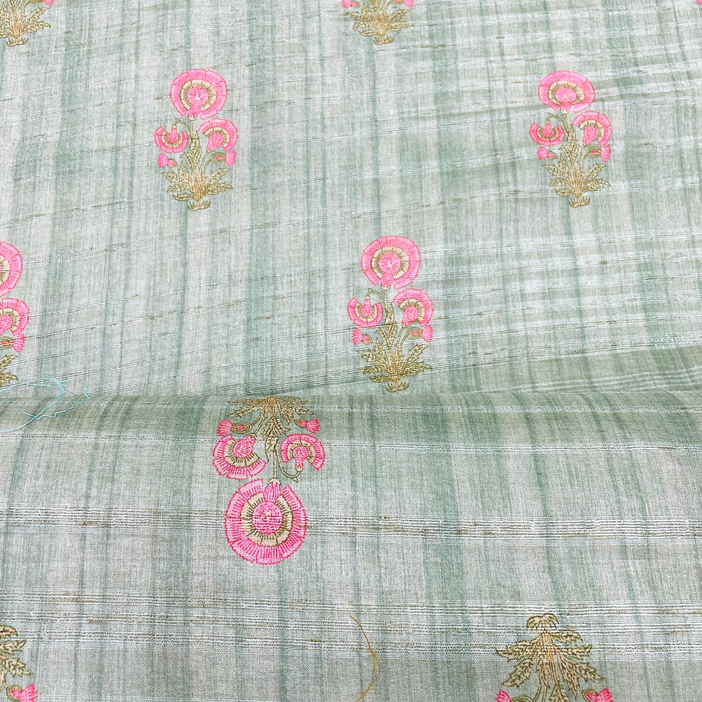 Exclusive Pastel Green Pink Floral Print Slub Tusser Silk