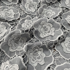 Premium Grey 3D Floral Sequins Embroidery Schiffli Crepe Fabric