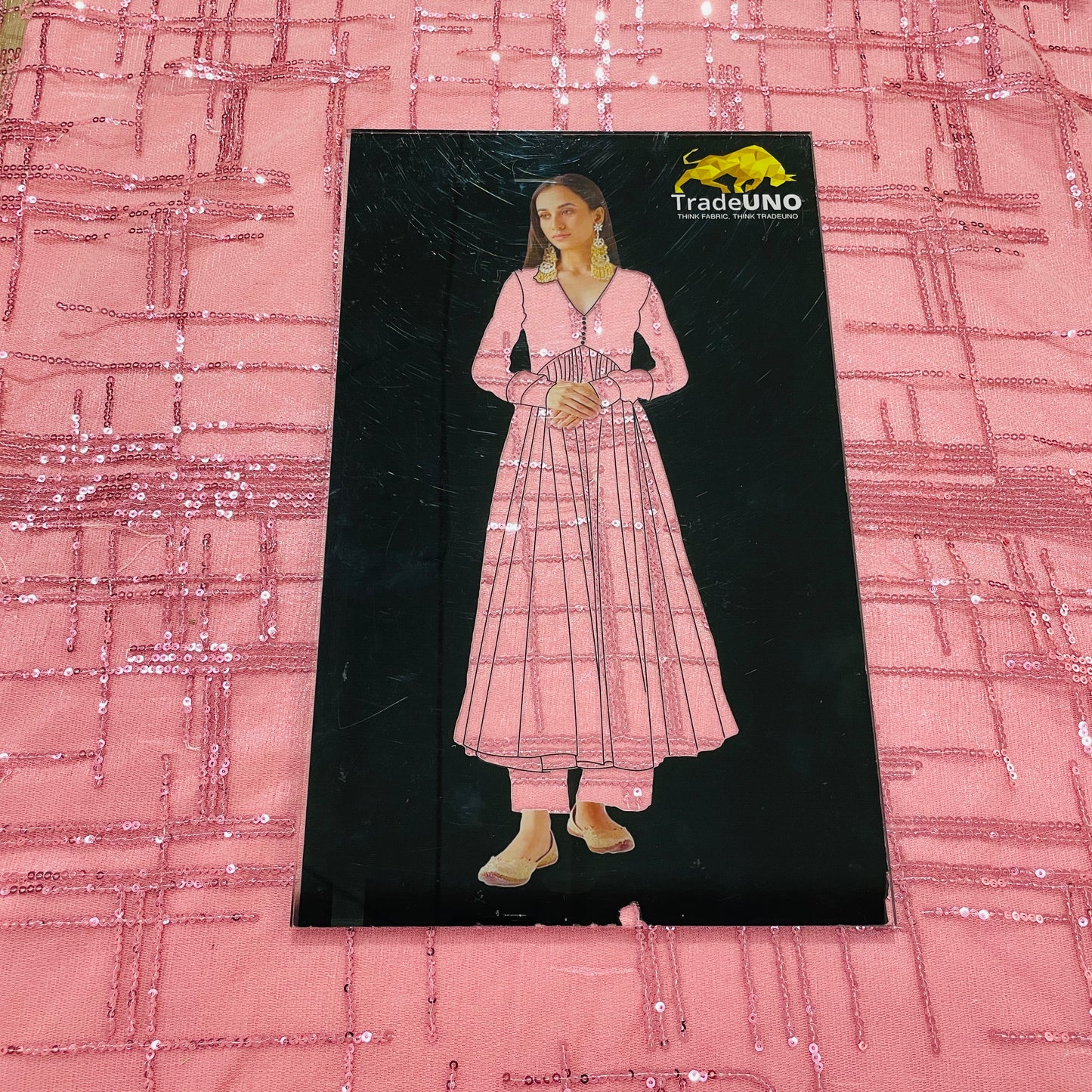 Pink Checks Sequence Embroidery Net Fabric