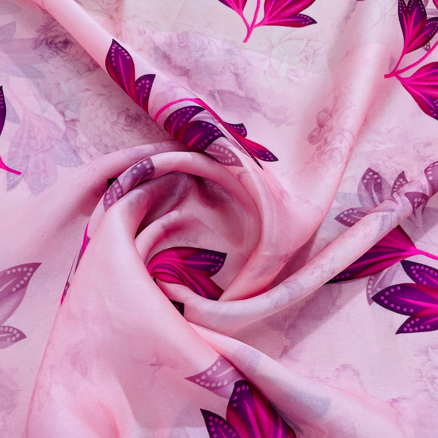 Pink Floral Print Georgertte Satin Fabric - TradeUNO