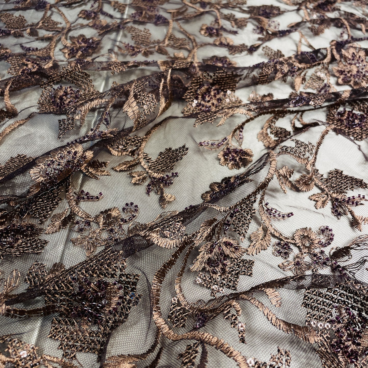 Premium Brown Heavy Thread Sequins Embroidery Net Fabric