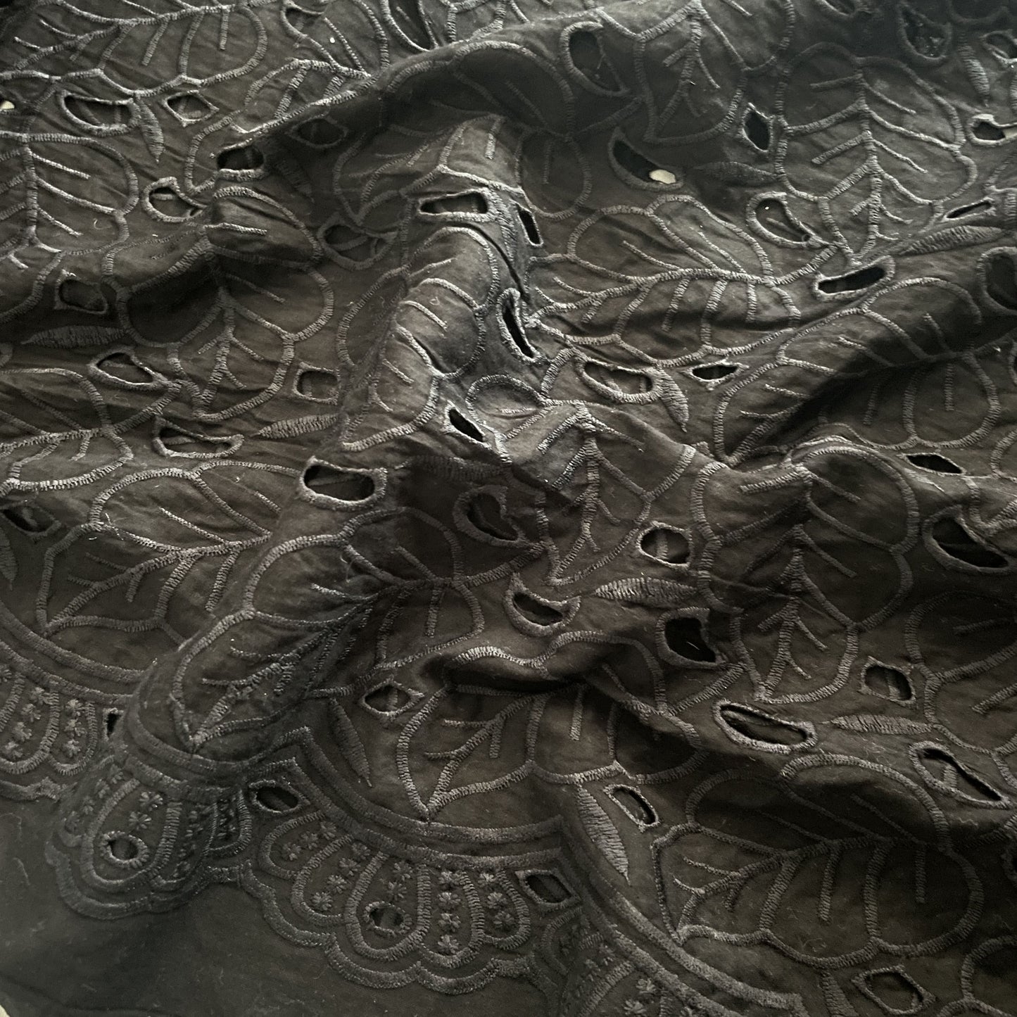 Premium Black Floral Leaves Embroidery Cotton Schiffli Fabric
