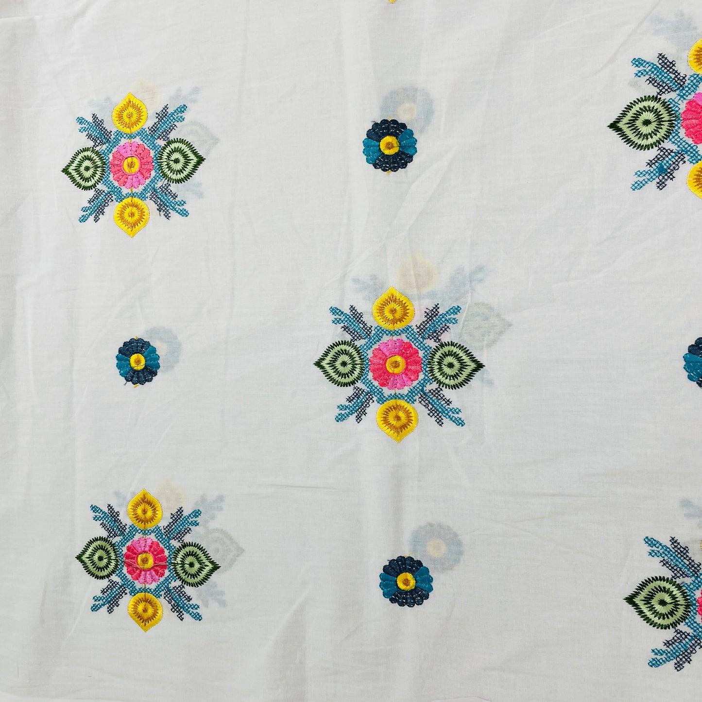 White & Multicolor Floral Thread Embridery Cotton Fabric - TradeUNO