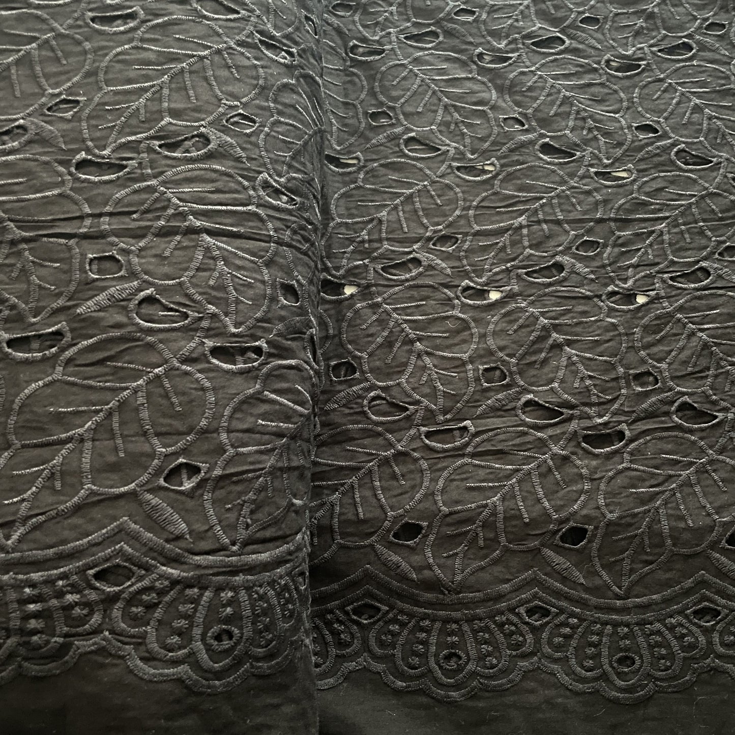 Premium Black Floral Leaves Embroidery Cotton Schiffli Fabric