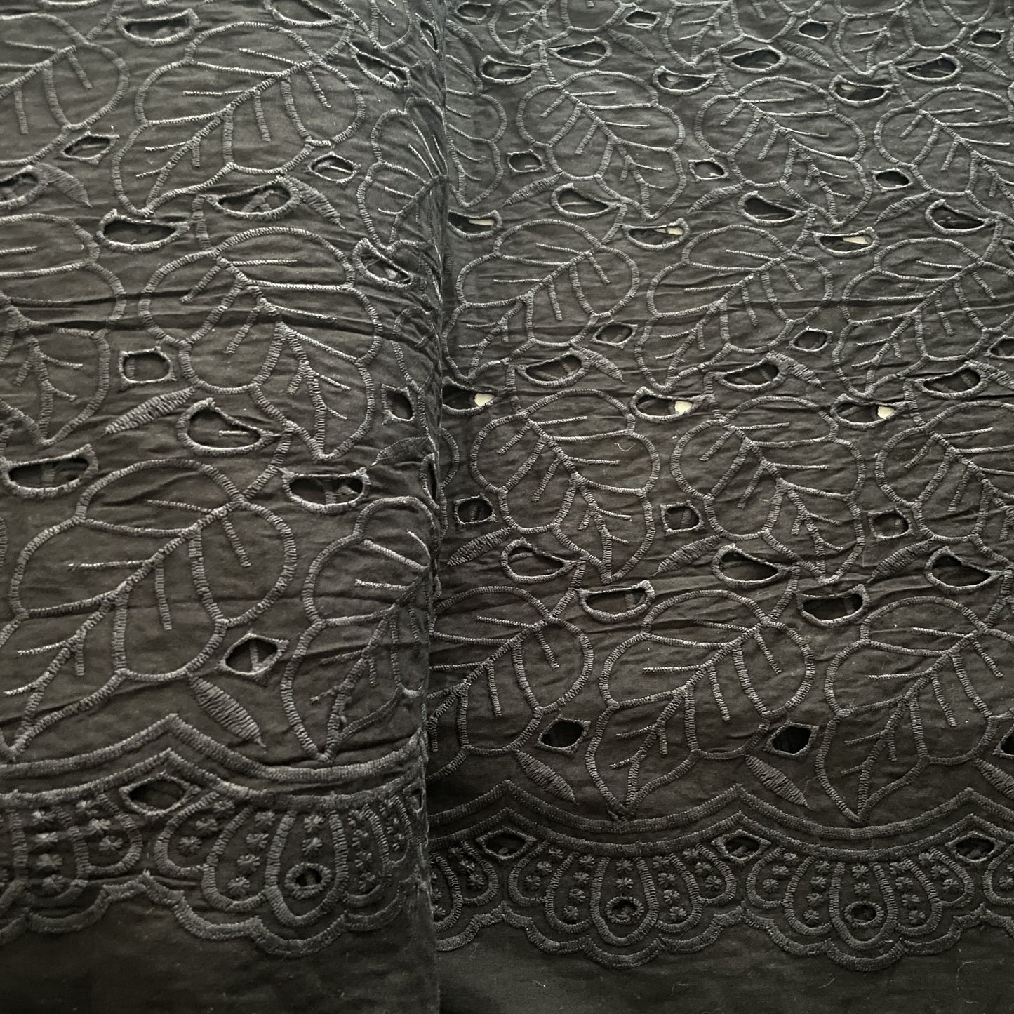Premium Black Floral Leaves Embroidery Cotton Schiffli Fabric