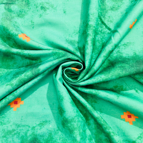 Green & Yellow Geometerical Print Cotton Satin Fabric - TradeUNO