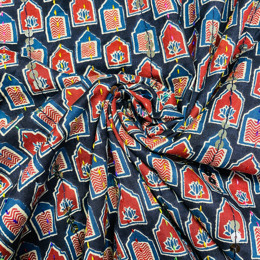 Blue & Multicolor HandBlock Kantha Work Sequence Embroidery Cotton Fabric