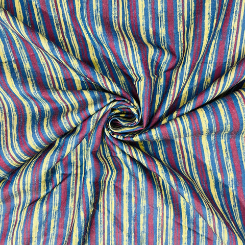 Blue & Maroon Stripes Print Cotton Satin Fabric - TradeUNO