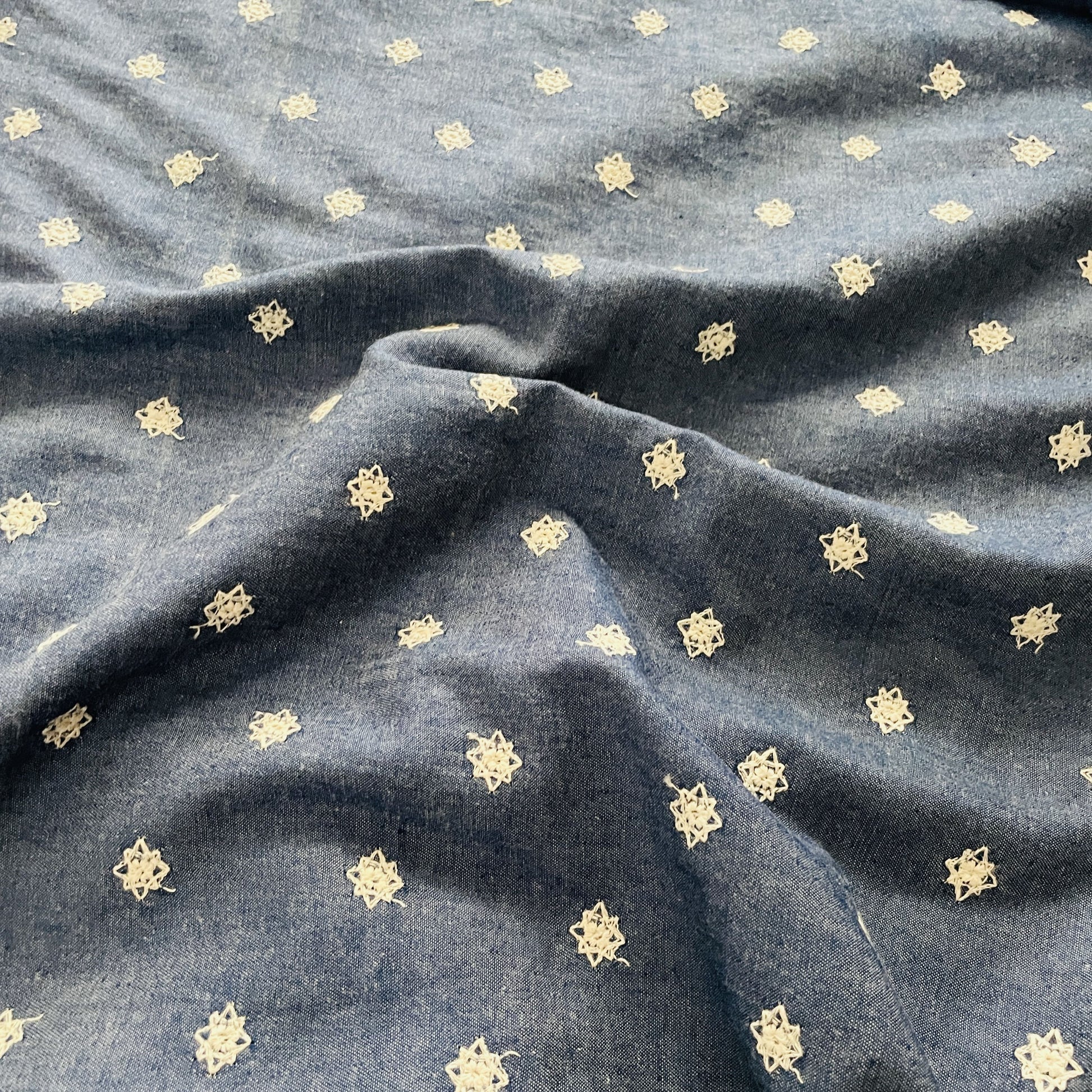 Dark Blue Floral Embroidery Denim Fabric