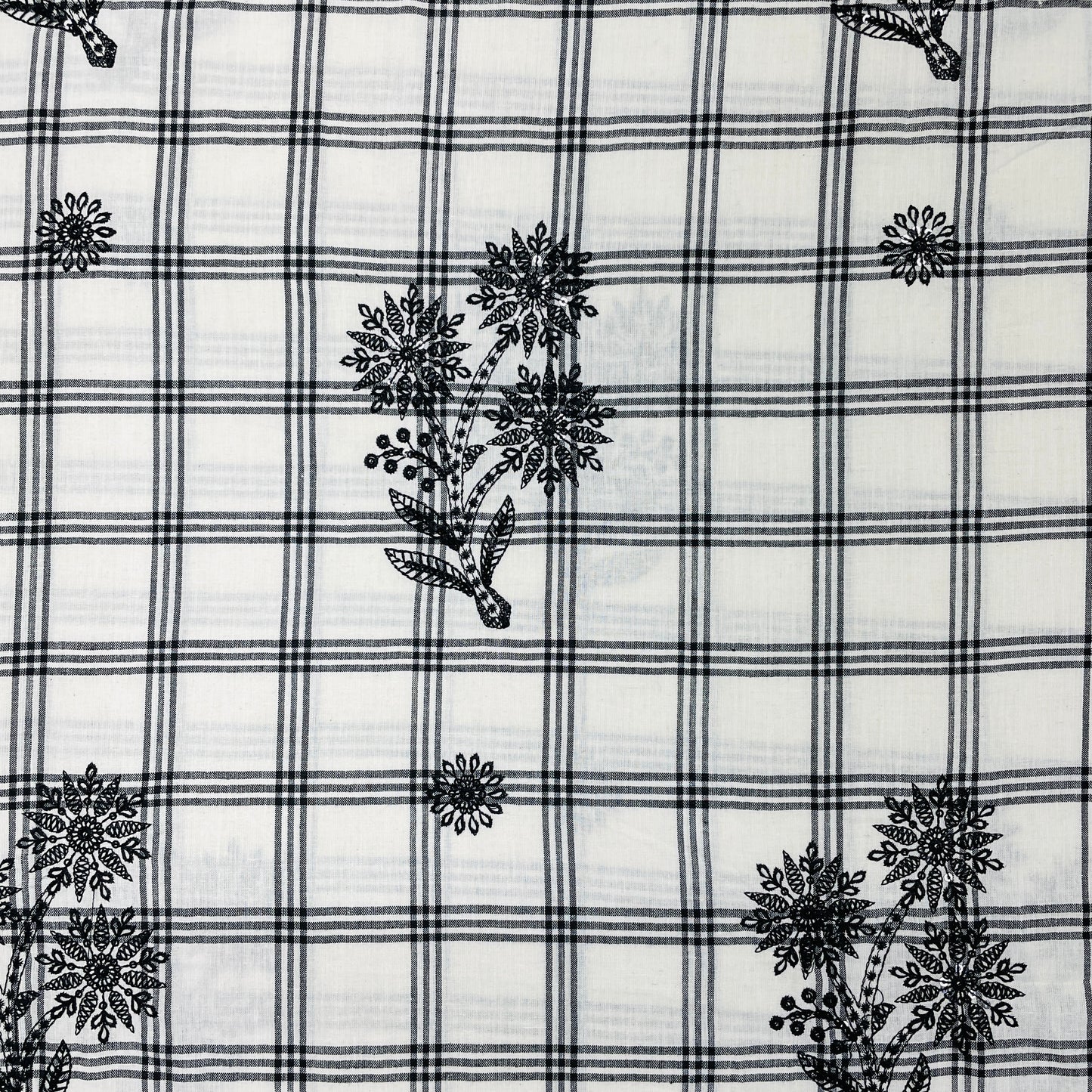 White & Black Check & Floral Sequence Thread Embroidery PF-9291 - TradeUNO