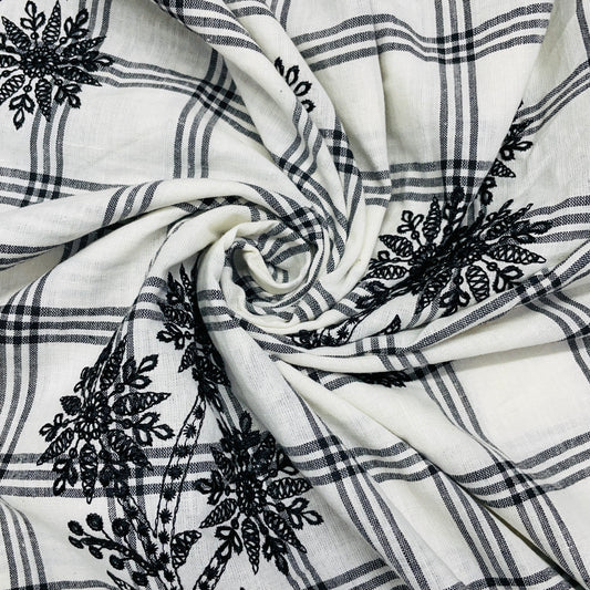 White & Black Check & Floral Sequence Thread Embroidery Cotton Fabric