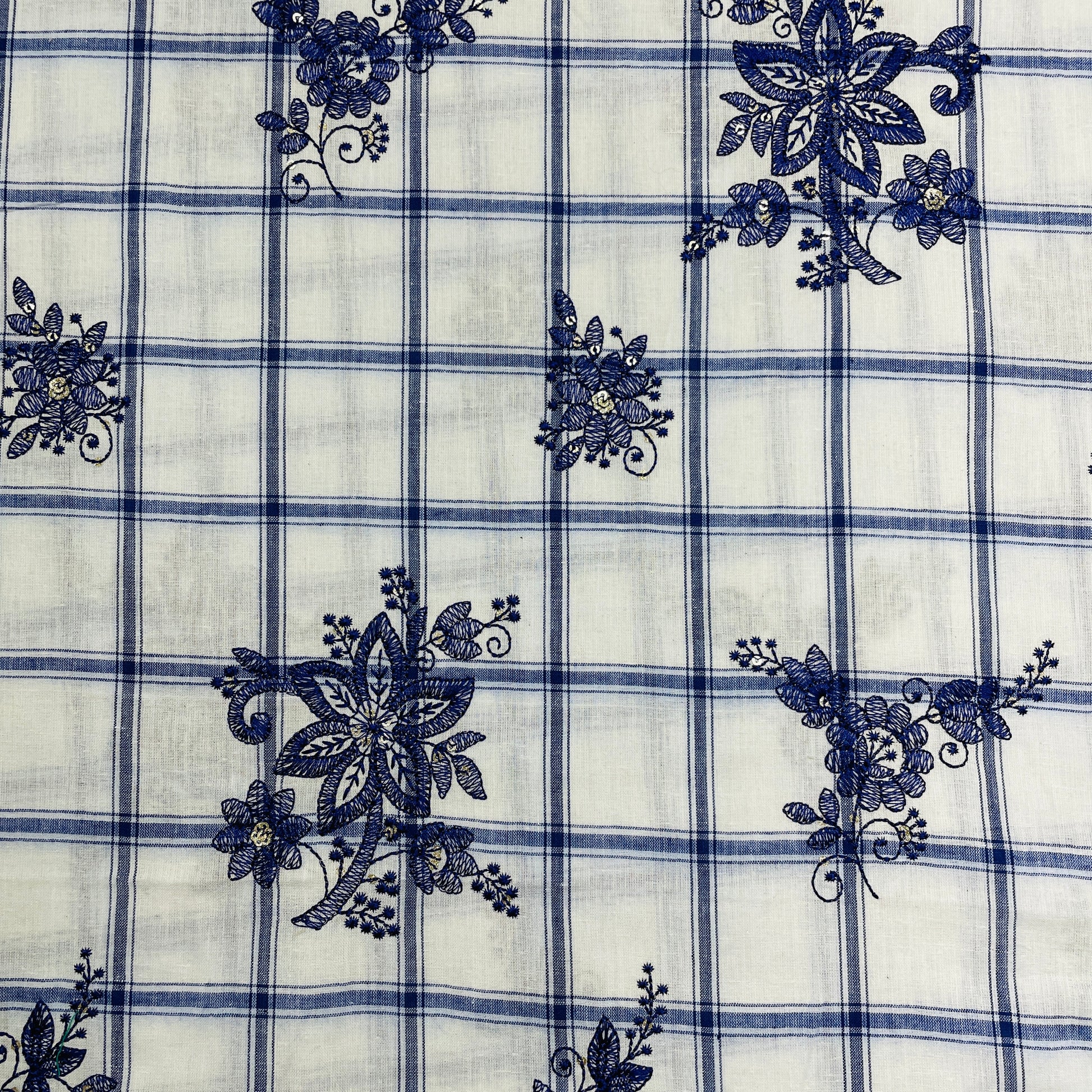 White & Purple Check & Floral Sequence Thread Embroidery Cotton Fabric - TradeUNO