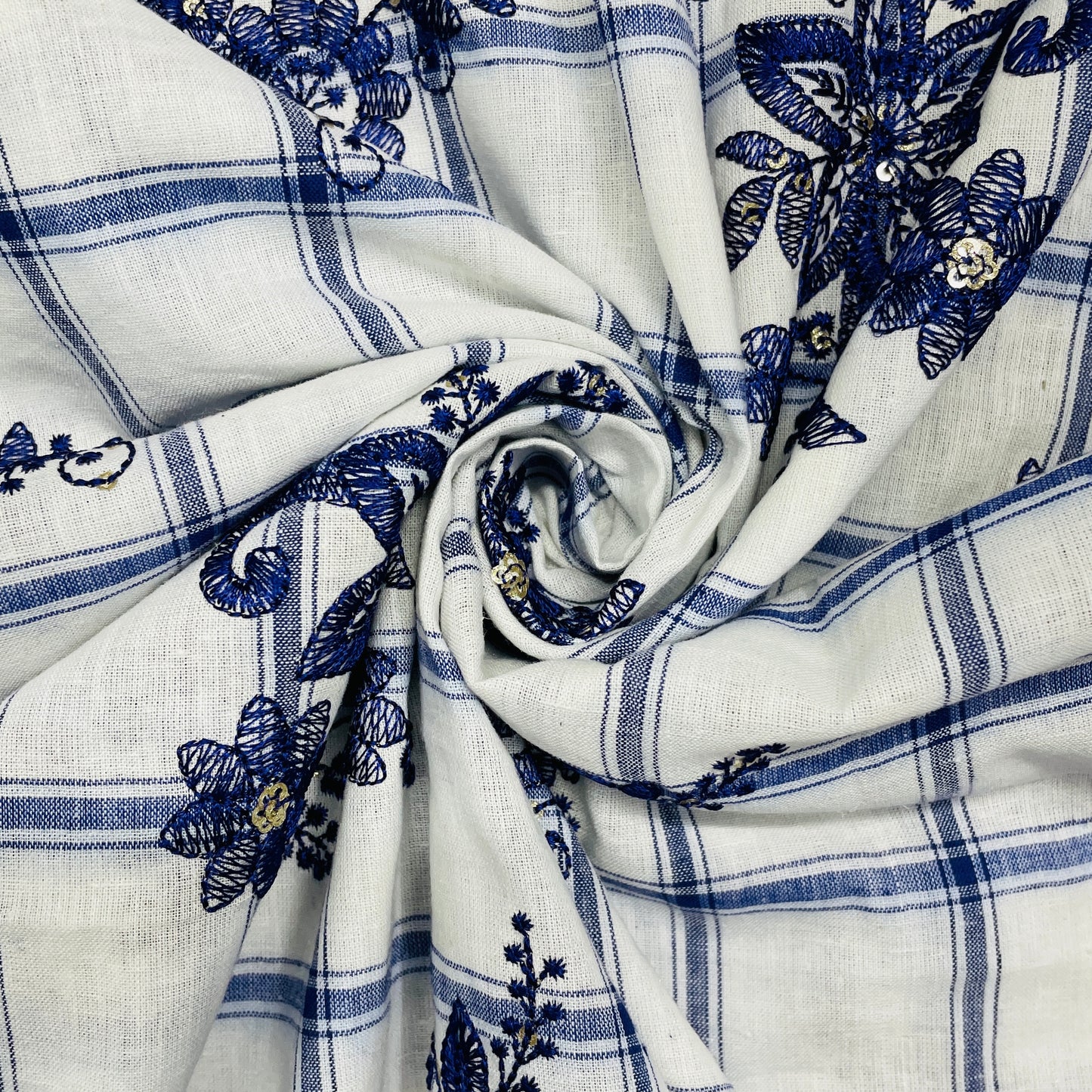 White & Purple Check & Floral Sequence Thread Embroidery Cotton Fabric - TradeUNO