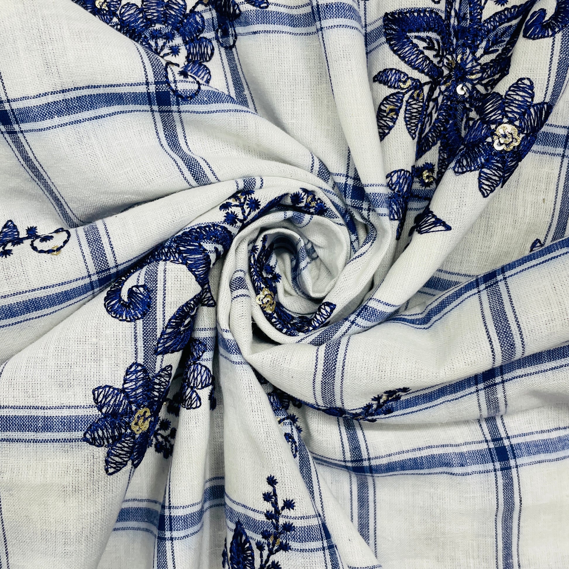 White & Purple Check & Floral Sequence Thread Embroidery Cotton Fabric - TradeUNO