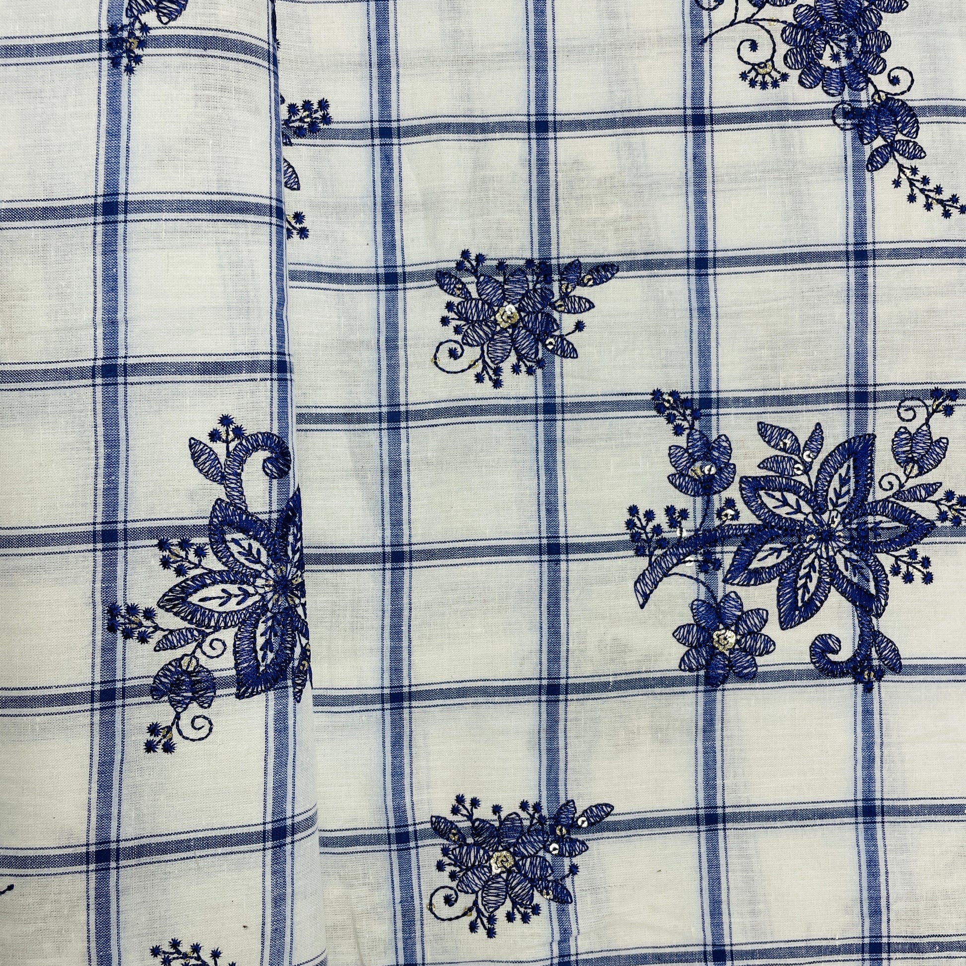 White & Purple Check & Floral Sequence Thread Embroidery Cotton Fabric - TradeUNO