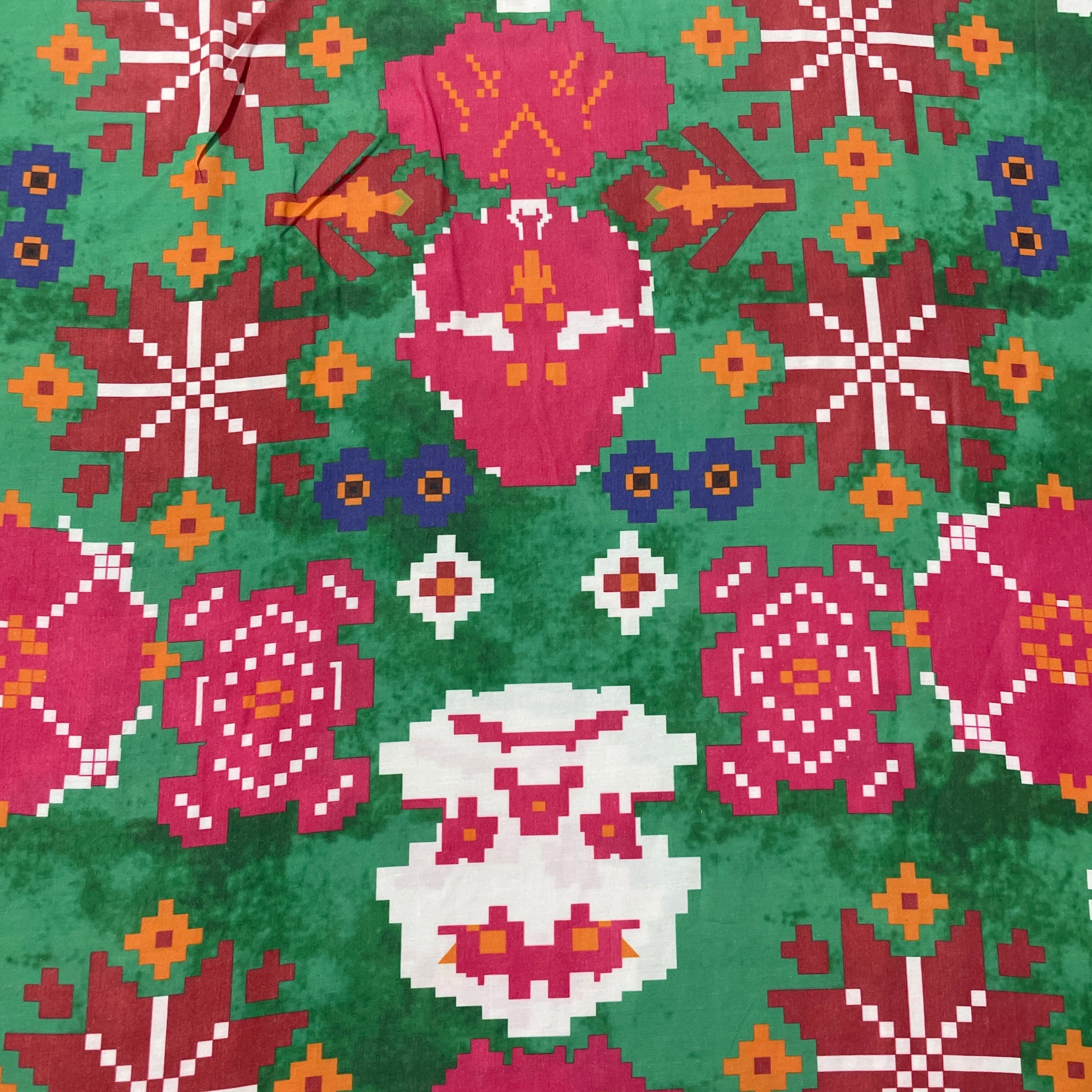 Green & Multicolor Geometerical Print Cotton Satin Fabric - TradeUNO