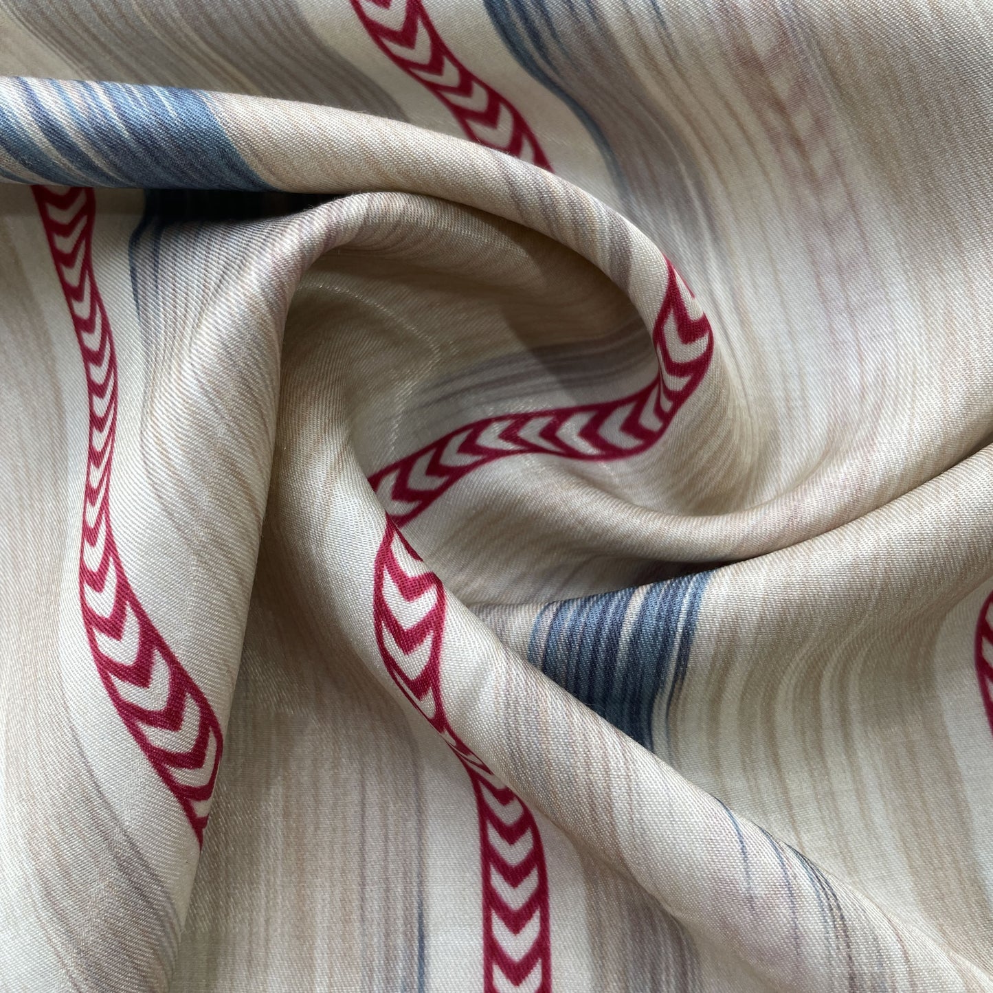 Off White Pink Stripes Ikkat Print Bemberg Gajji Silk Fabric 15555