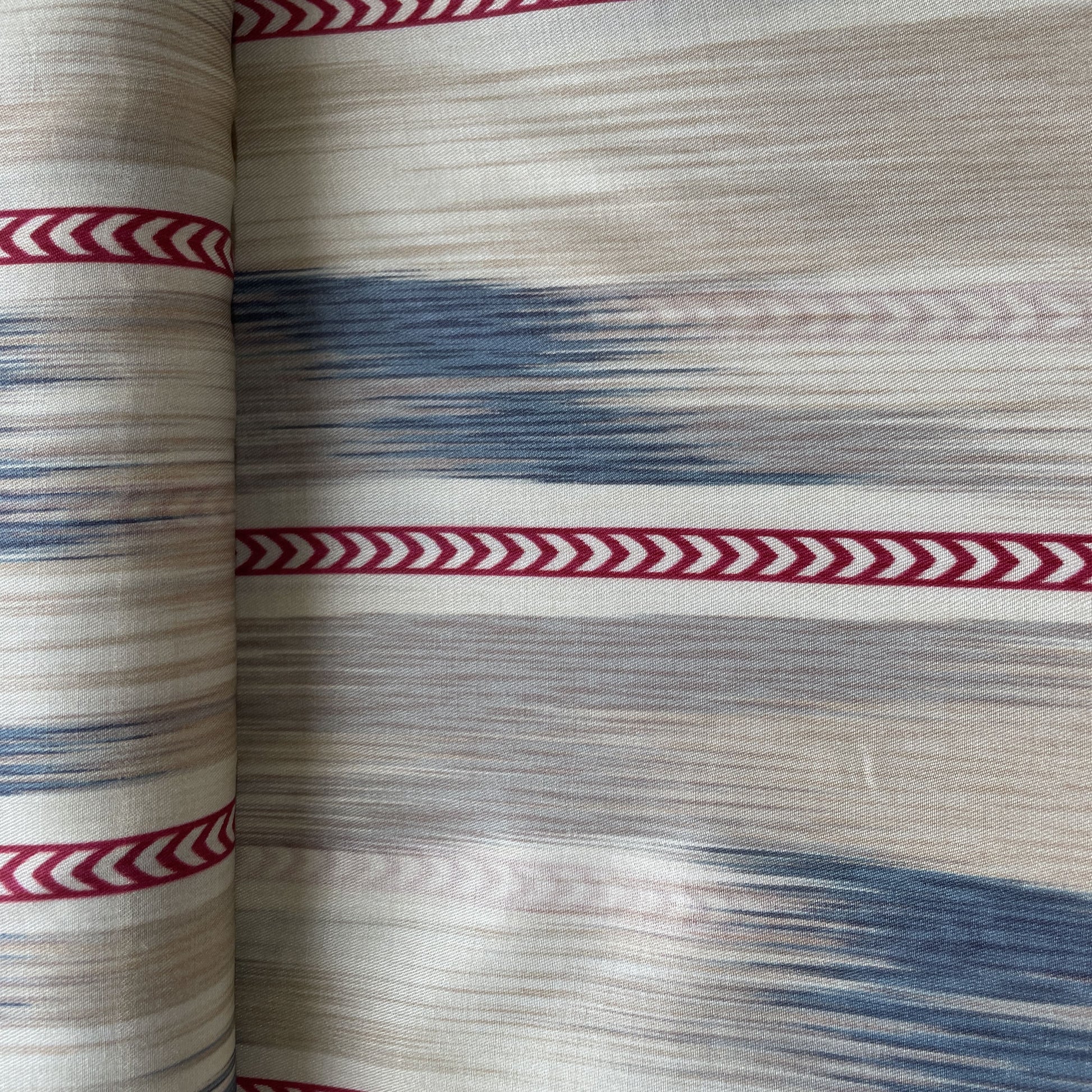Off White Pink Stripes Ikkat Print Bemberg Gajji Silk Fabric 15555