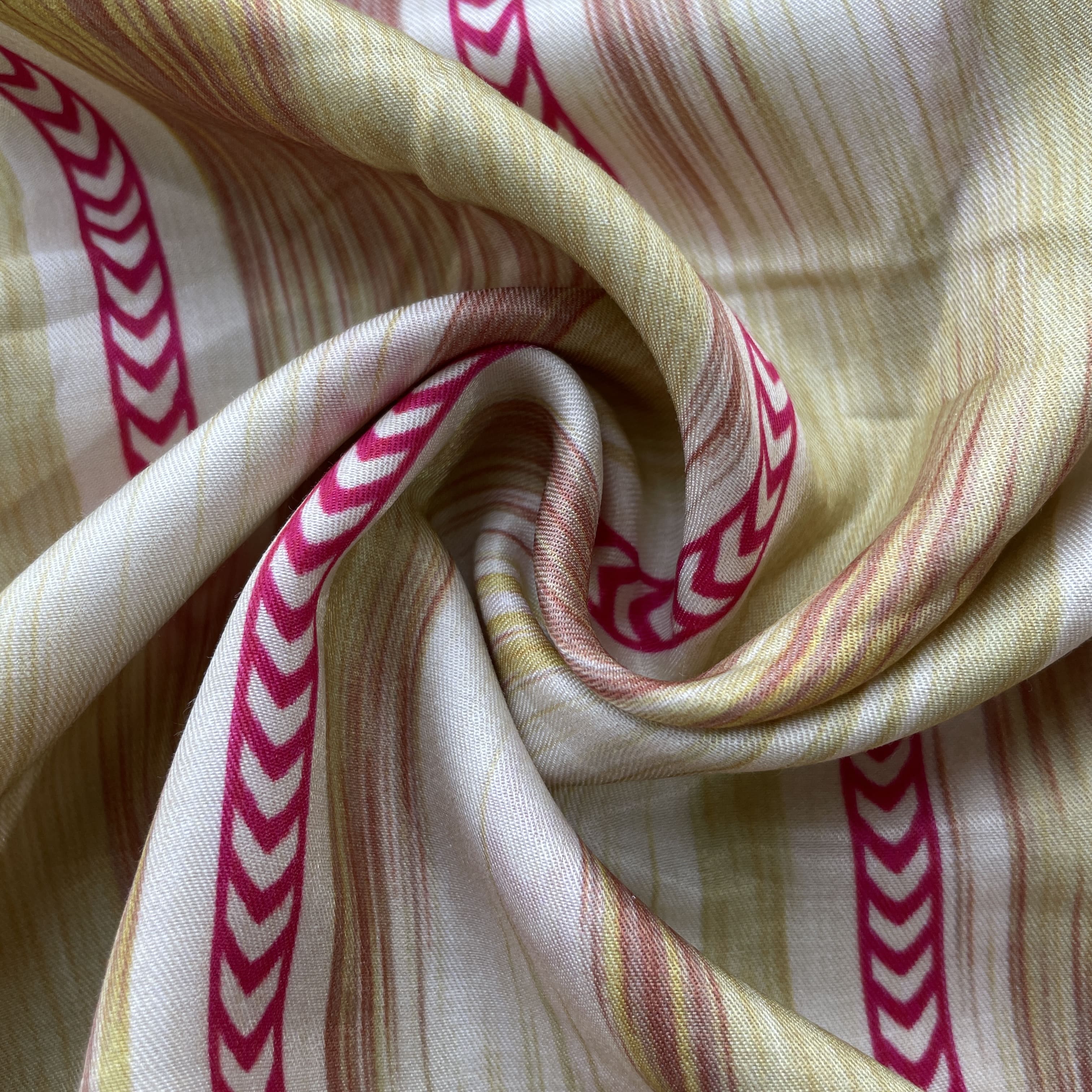 Cream Pink Stripes Ikkat Print Bemberg Gajji Silk Fabric 15554